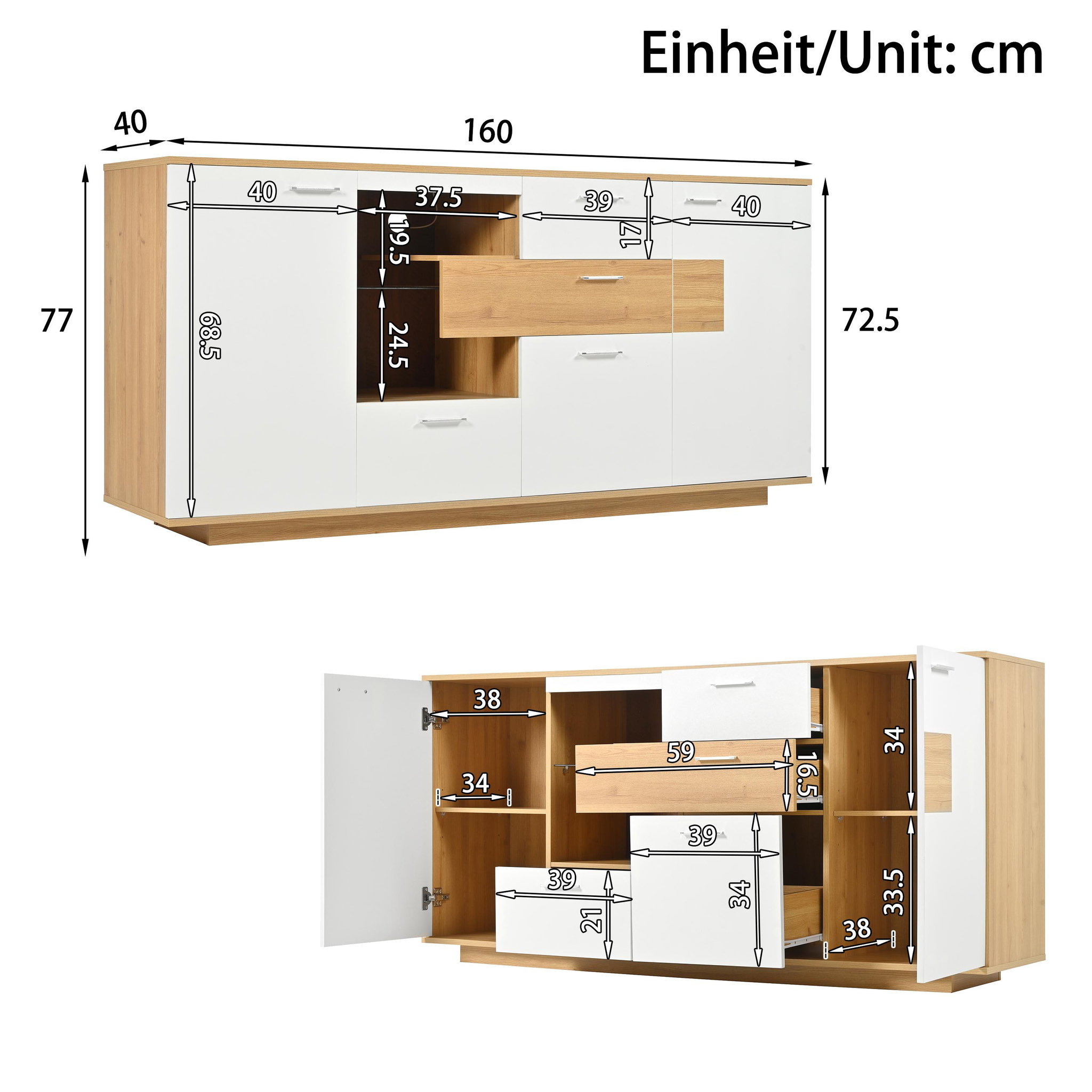 Voir la diapositive 3 : MERAX Buffet 2 porte(s) 4 tiroir(s) - 160 cm naturel+blanc led mdf
