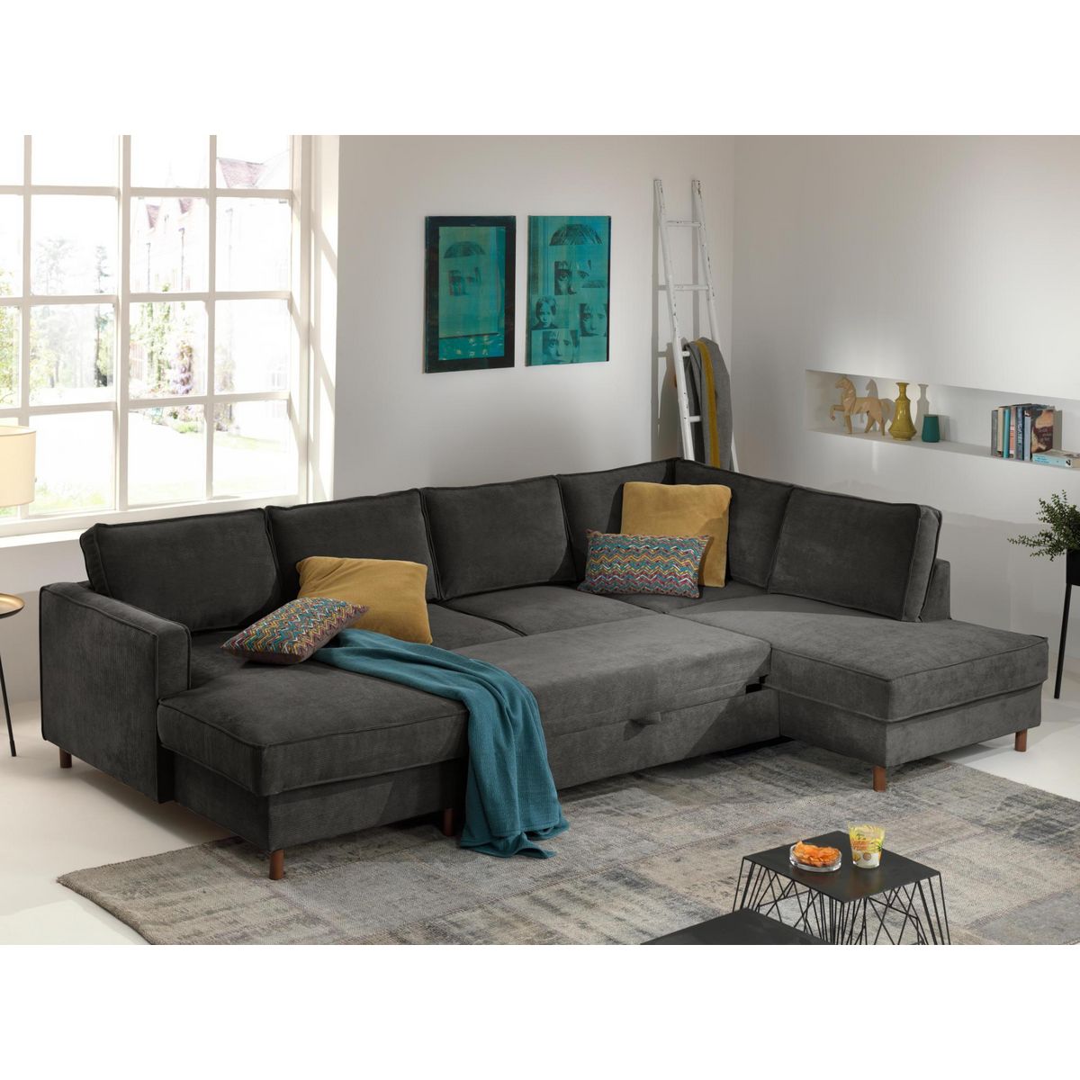 LISA DESIGN Jake - canapé panoramique d'angle droit - convertible avec coffre - 7 places - en velours côtelé