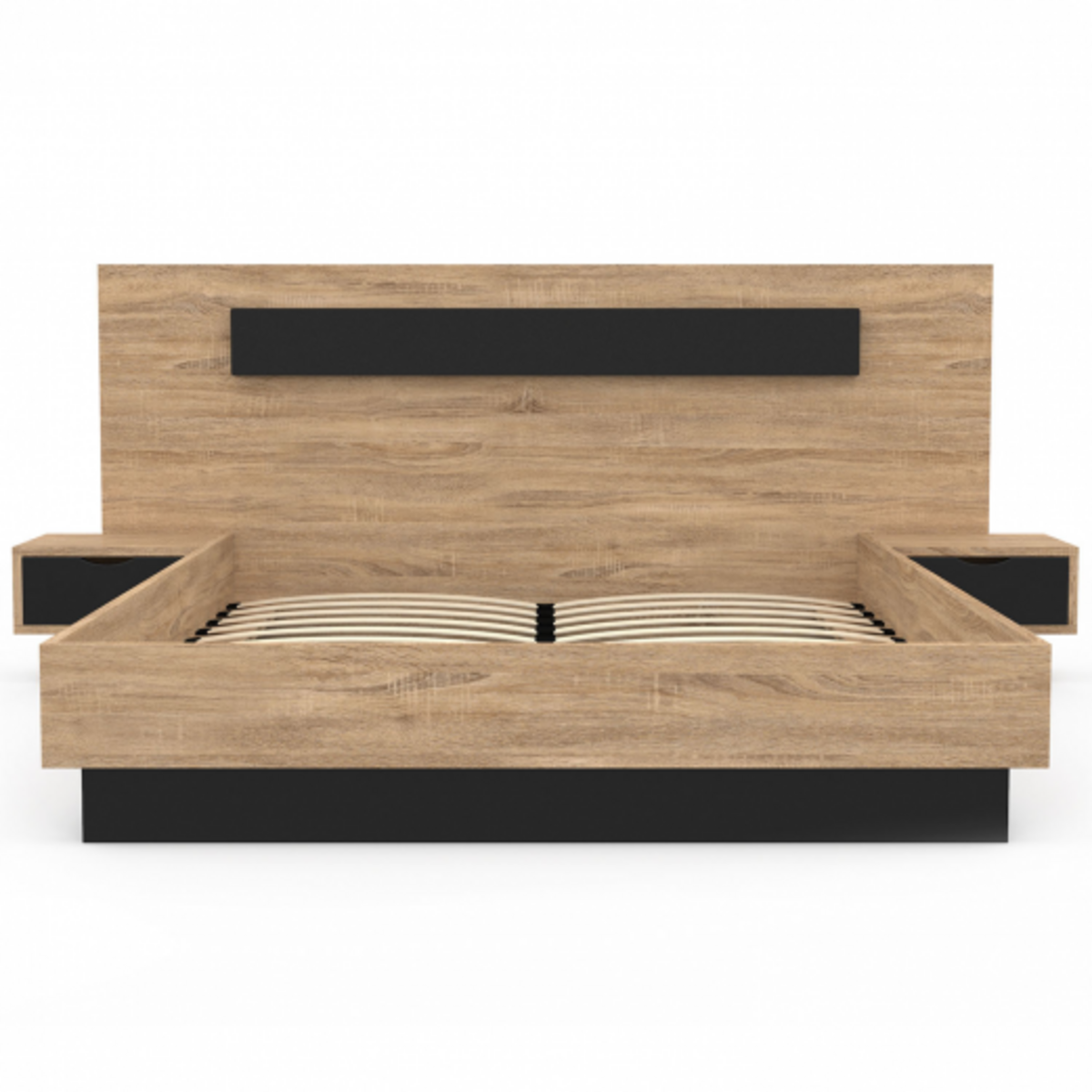 ID MARKET Lit double SANTA avec tête de lit + tables de chevet intégrées et sommier 160 x 200 cm bois et noir