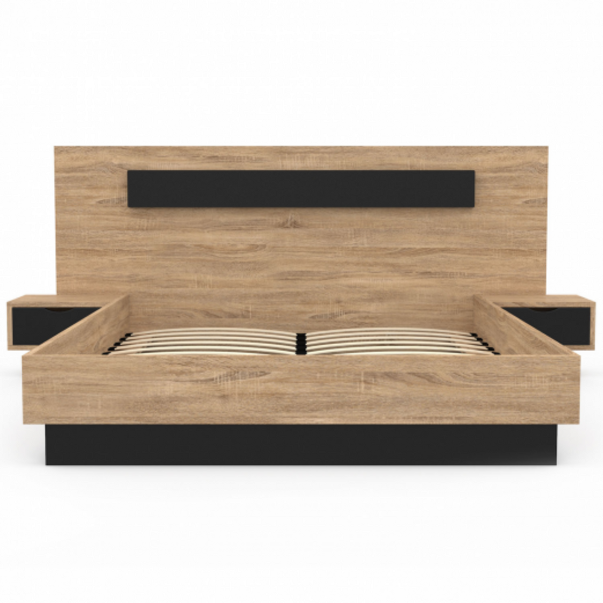 ID MARKET Lit double SANTA avec tête de lit + tables de chevet intégrées et sommier 160 x 200 cm bois et noir