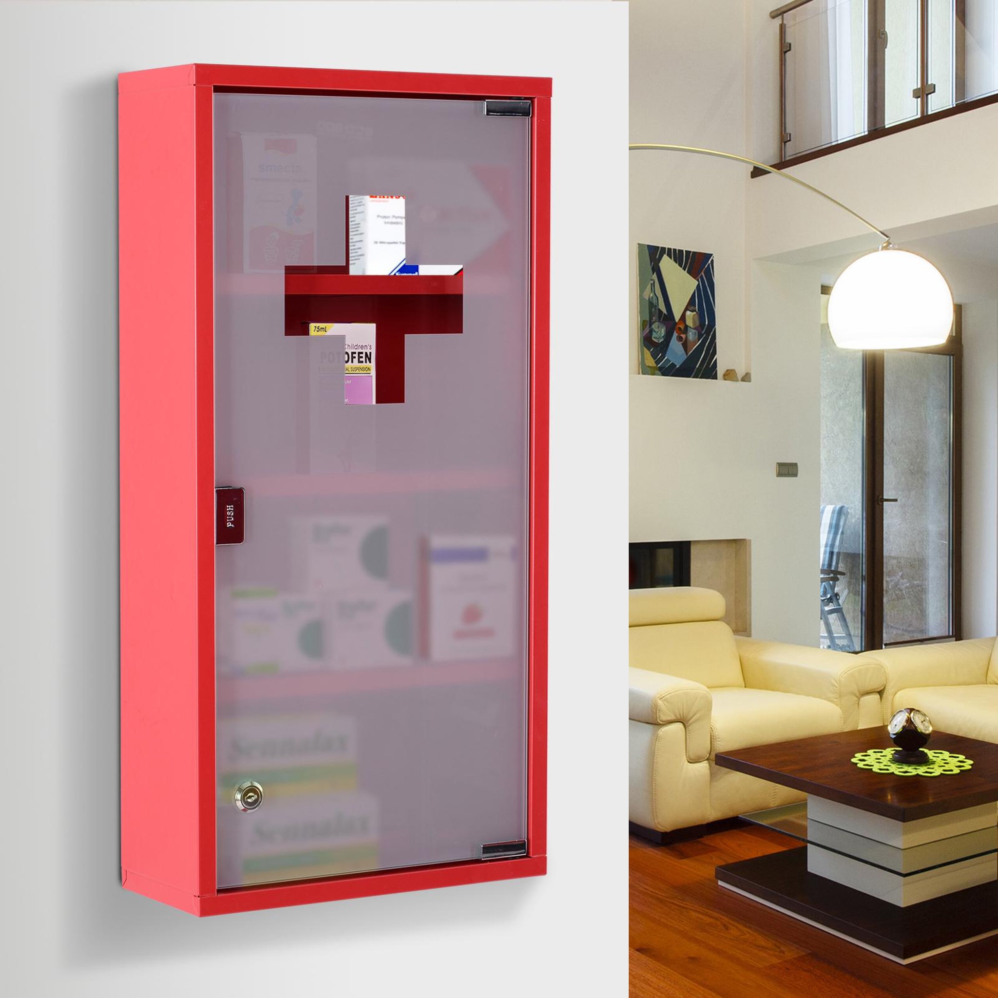 Voir la diapositive 2 : HOMCOM Armoire à pharmacie 3 étagères 4 niveaux verrouillable porte verre trempé dépoli logo croix 30l x 12l x 60h cm acier inox rouge