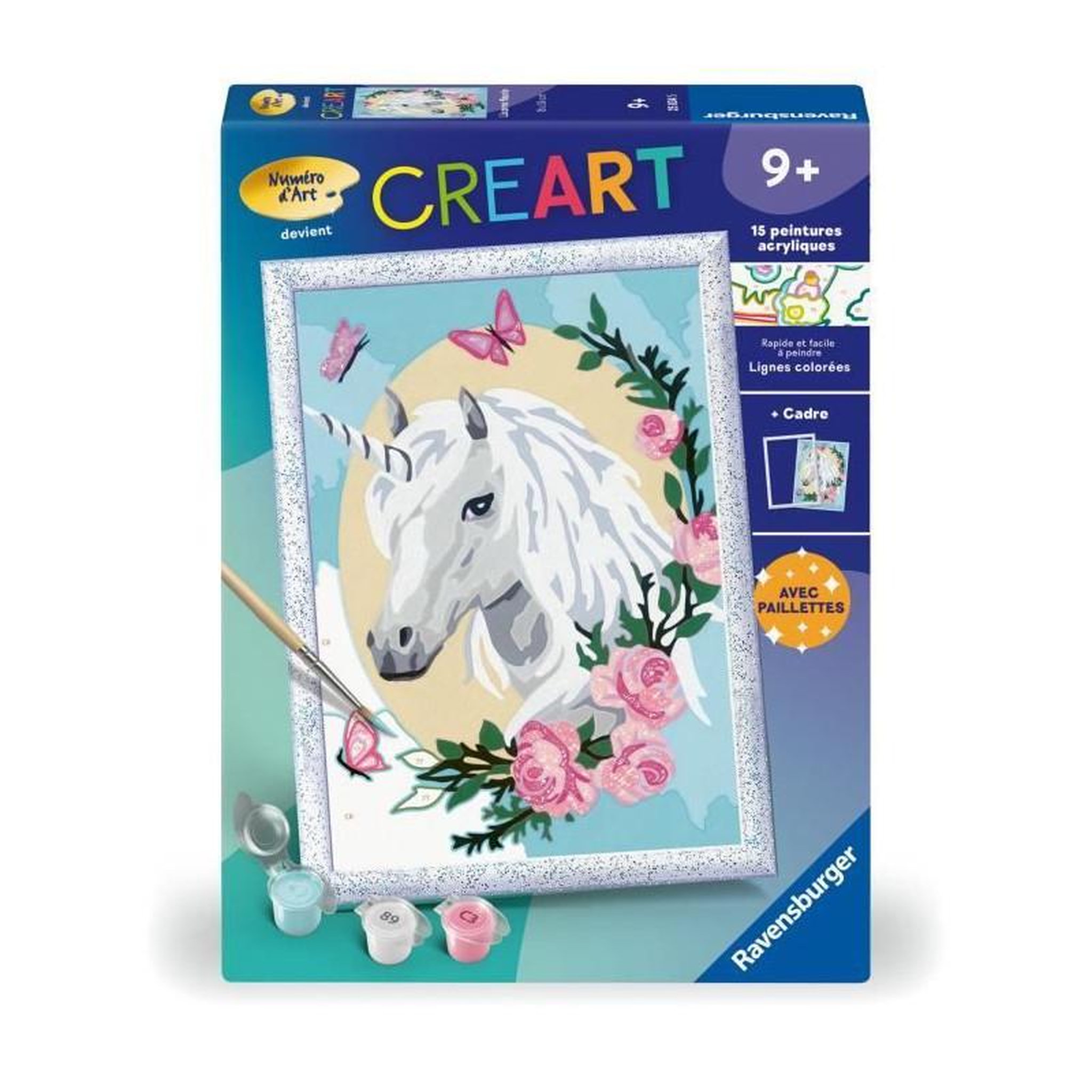 RAVENSBURGER CreArt Kids 18x24cm Licorne fleurie, des 9 ans, Kit de peinture par numéros Numéro d'Art, 25834, Ravensburger