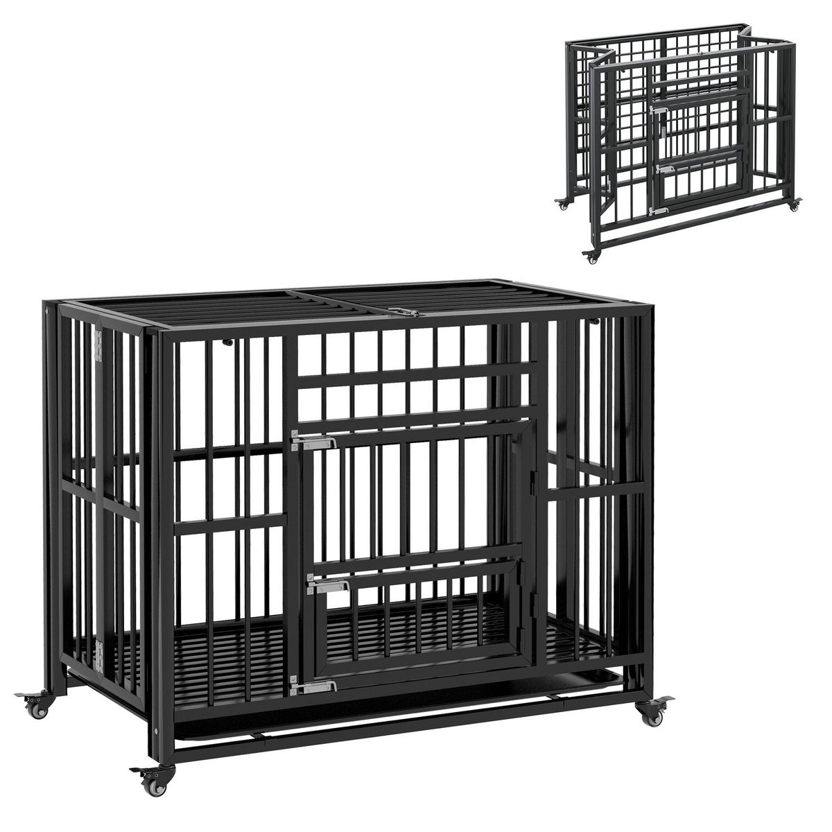PAWHUT Cage pour chien animaux cage de transport sur roulettes pliable 3 portes verrouillables plateau amovible acier noir