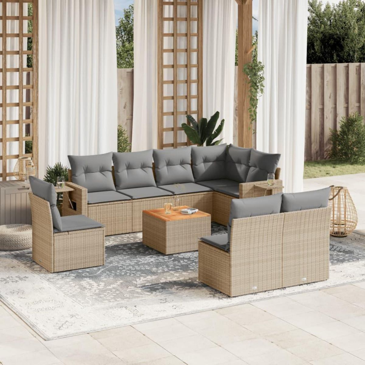 VIDAXL Salon de jardin avec coussins 9pcs melange beige resine tressee