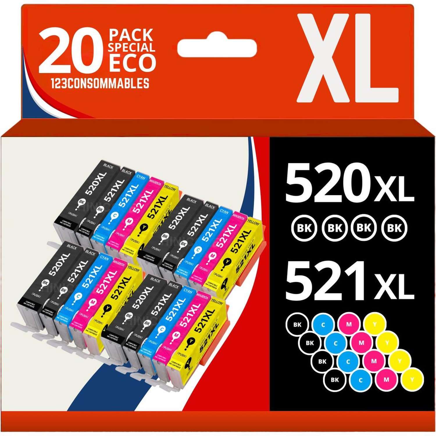 123CONSOMMABLES PGI 520 CLI 521 Cartouches d'encre compatibles pour Canon Pixma IP3600 IP4600 IP4600X IP4700 MP540 MP550 MP560 MP620 MP630 MP640 MP640R MP980 MP990 MX860 MX870 Lot de 10 Neuf - vue 10