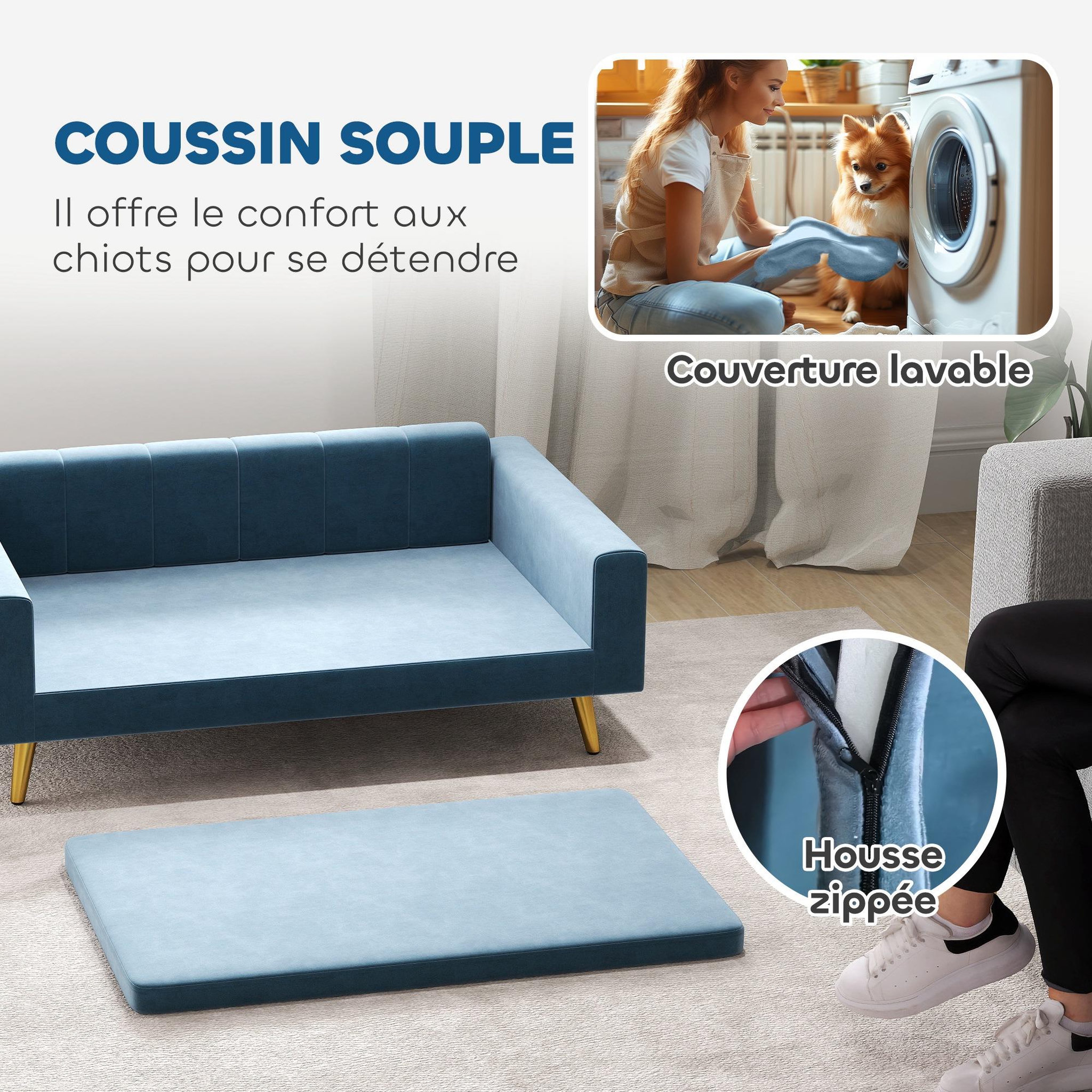 Voir la diapositive 5 : PAWHUT Canapé chien style art déco - dim. 94L x 59l x 31H cm - coussin amovible déhoussable - acier doré velours bleu