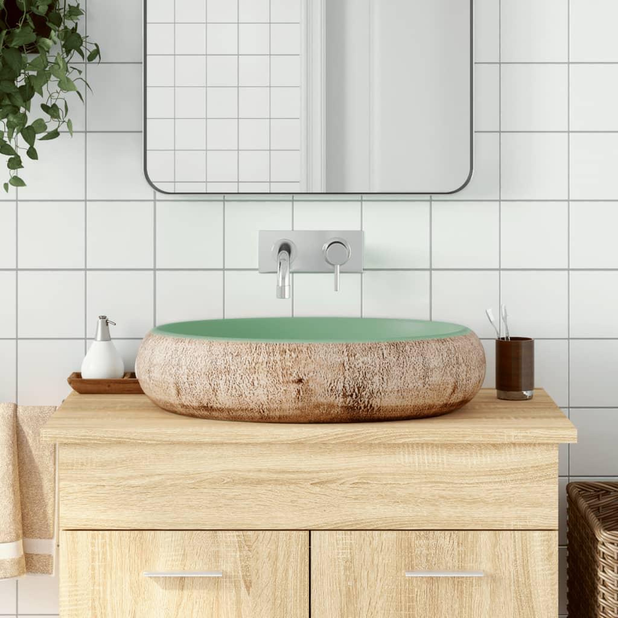VIDAXL Vasque a poser vert et marron ovale 59x40x15 cm ceramique