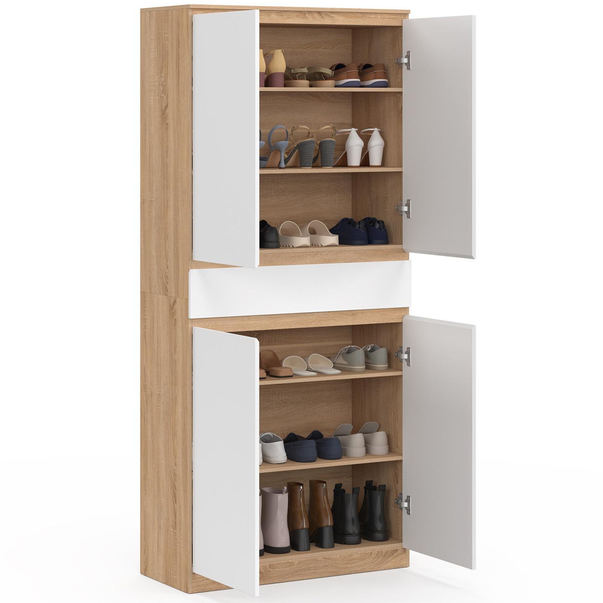 Voir la diapositive 4 : ID MARKET Armoire à chaussures 24 paires tomi 4 portes 1 tiroir façon hêtre et blanc