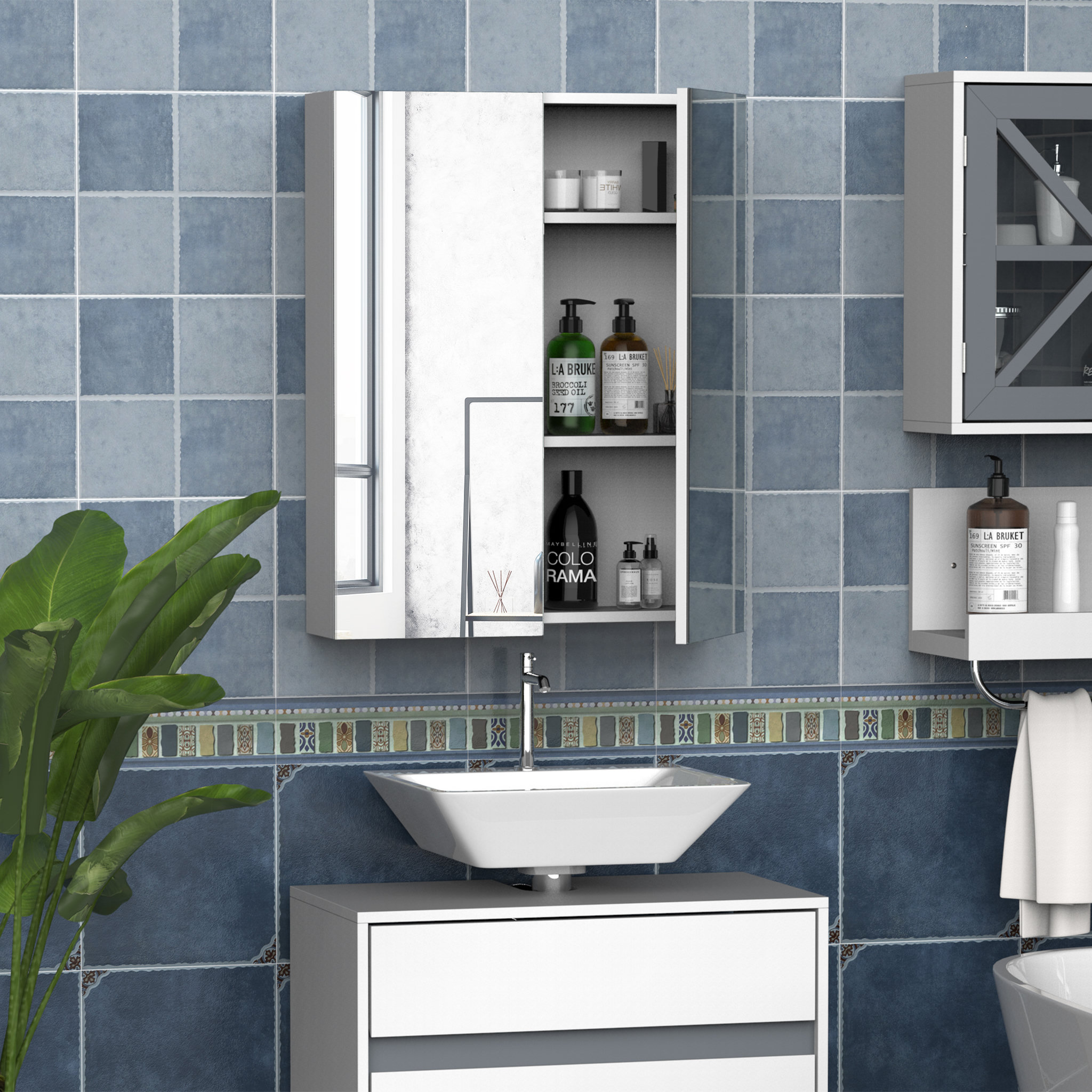 Voir la diapositive 2 : HOMCOM Armoire avec miroir en bois rangement salle de bain fermeture porte tampon MDF blanc