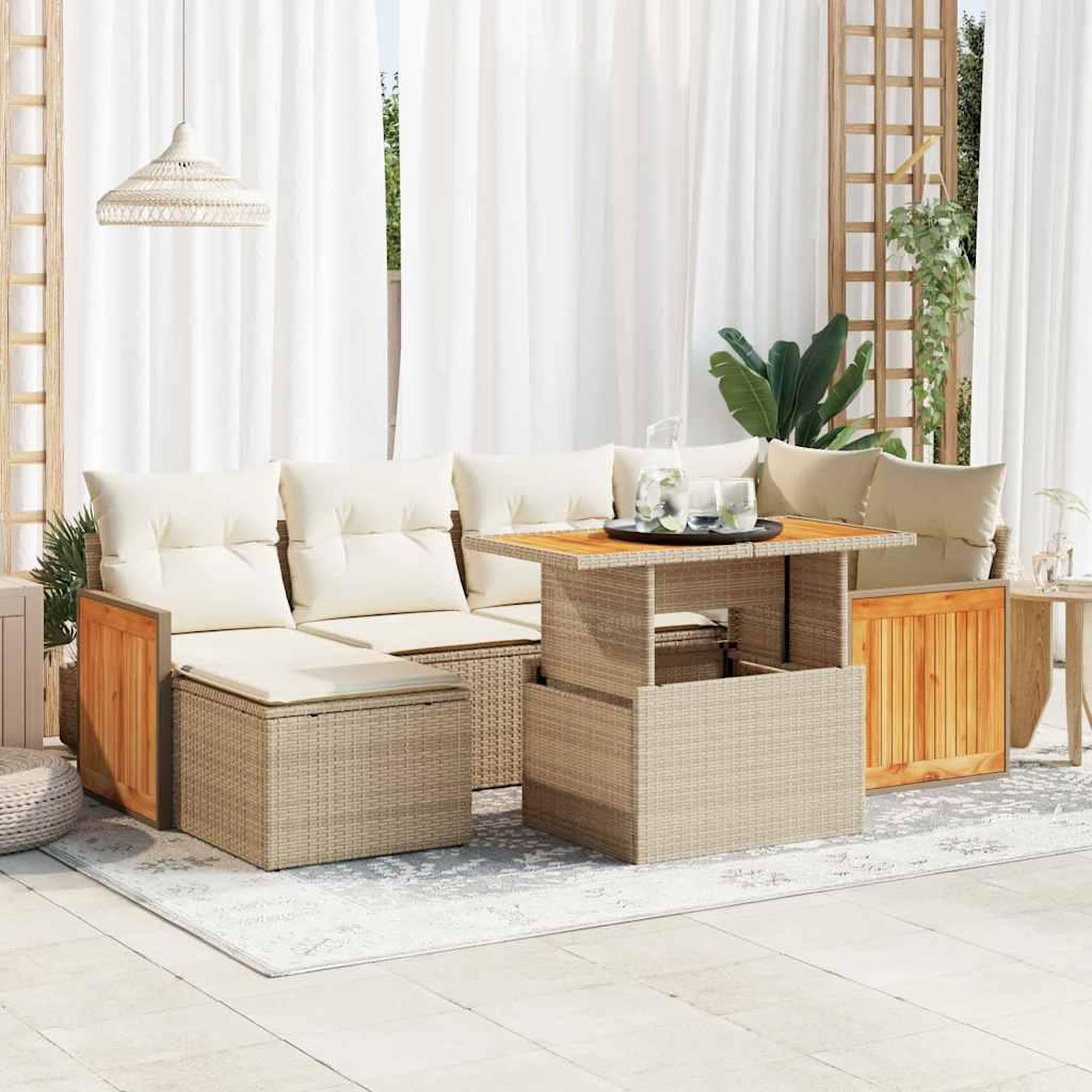 VIDAXL Salon de jardin avec coussins 7 pcs beige resine tressee acacia