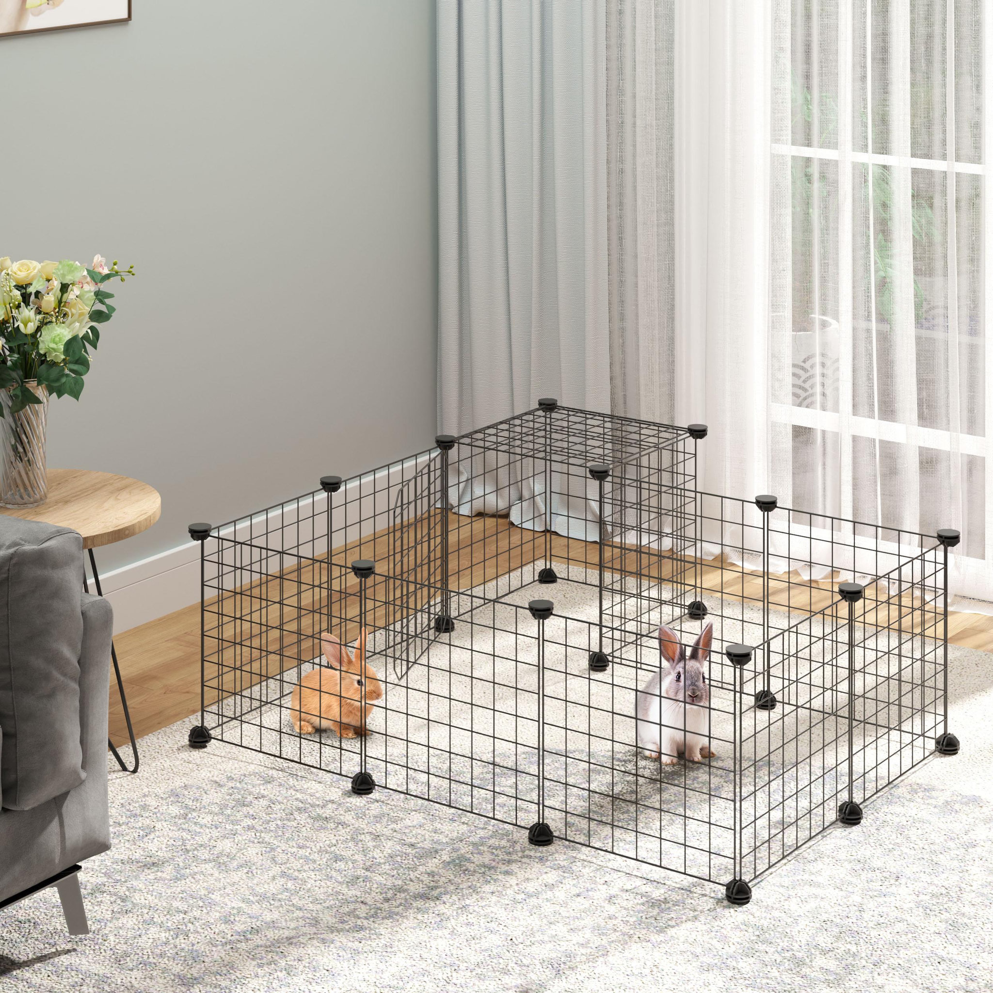Voir la diapositive 2 : PAWHUT Cage parc enclos rongeurs modulable dim. L 105 x l 105 x h 70 cm 2 niveaux 2 portes rampe résine pp fil métallique noir