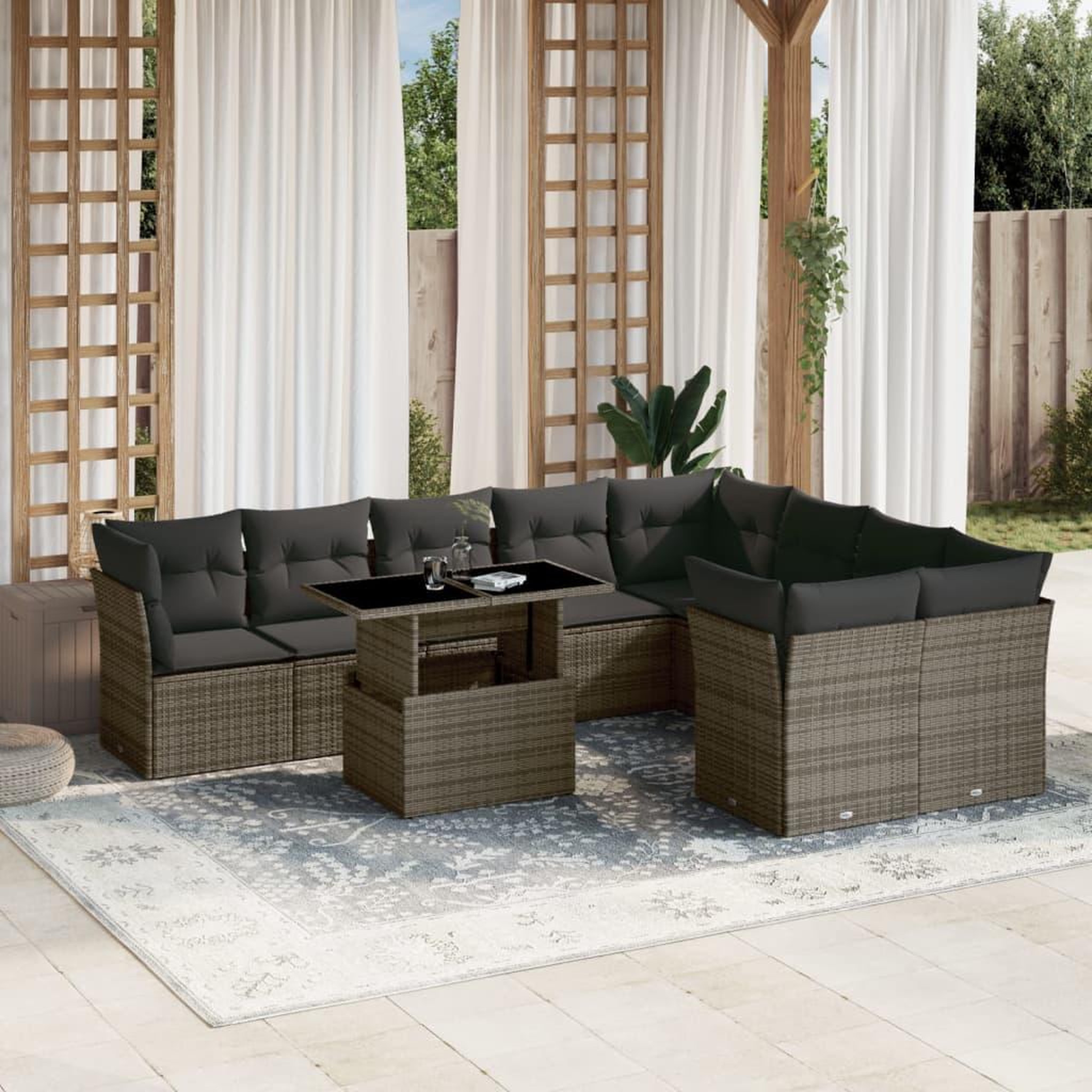 VIDAXL Salon de jardin avec coussins 10 pcs gris resine tressee
