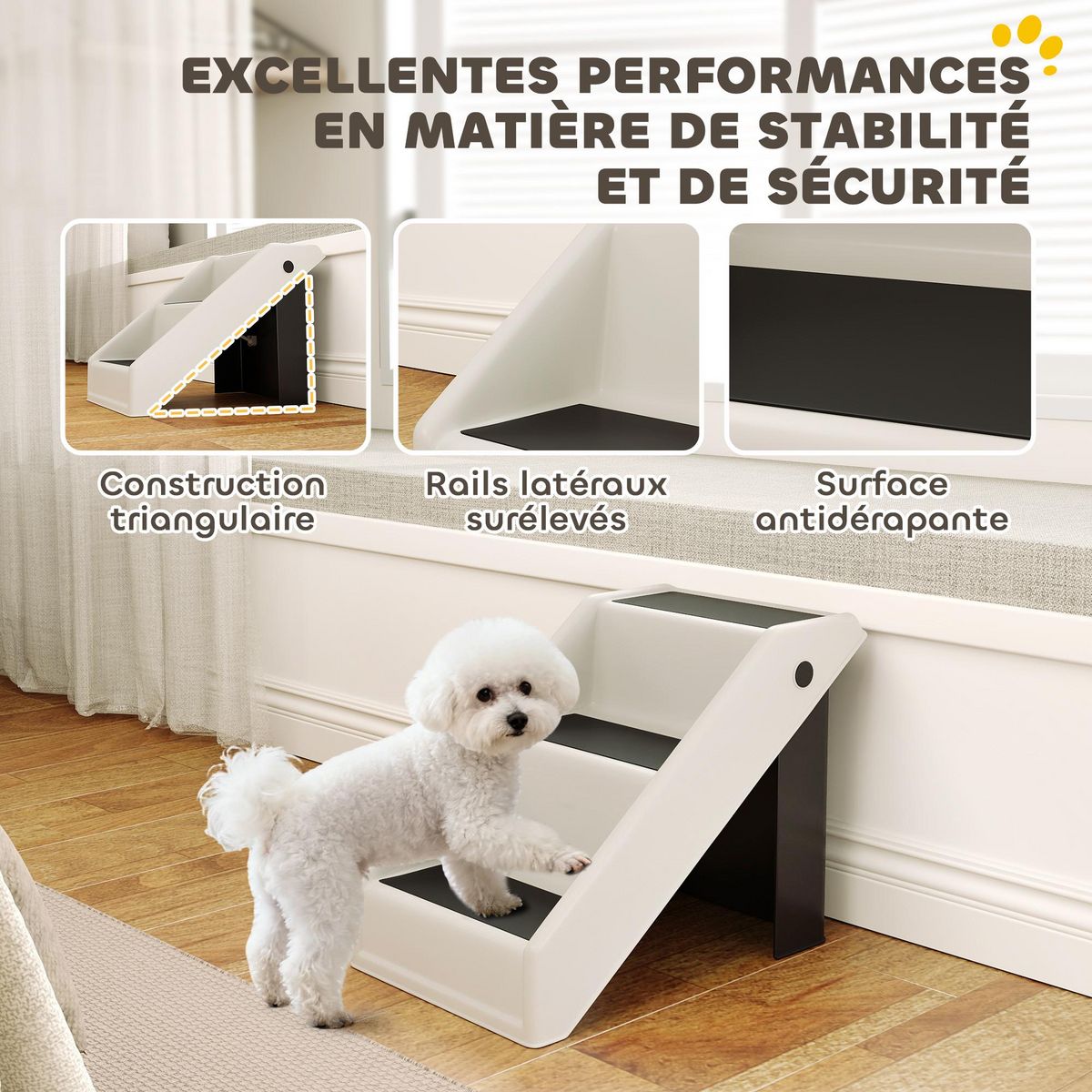 PAWHUT Escalier pour chien pliable - 3 marches antidérapantes - max. 10Kg - PP noir blanc cassé