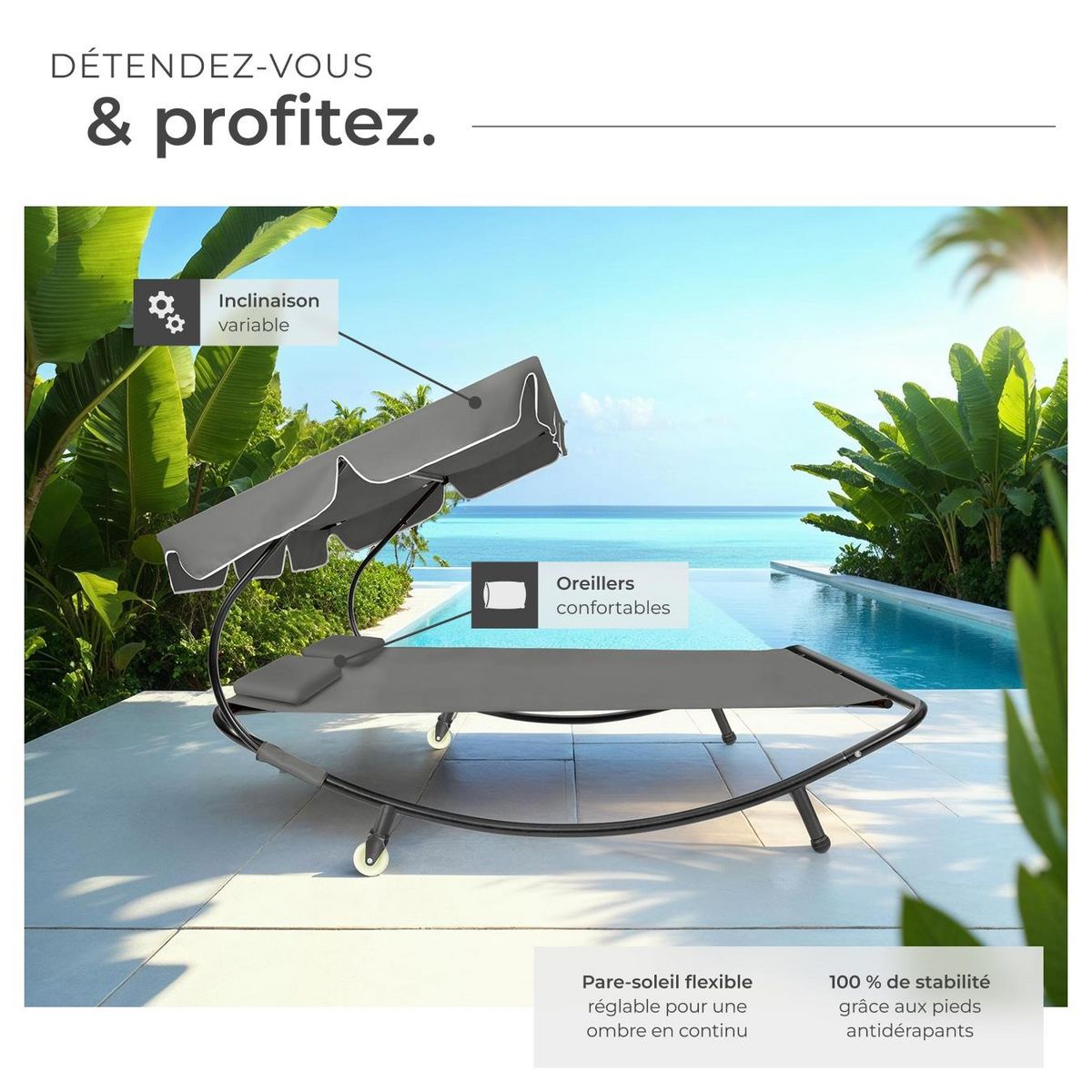 tectake Transat en acier pour 2 personnes noir/gris