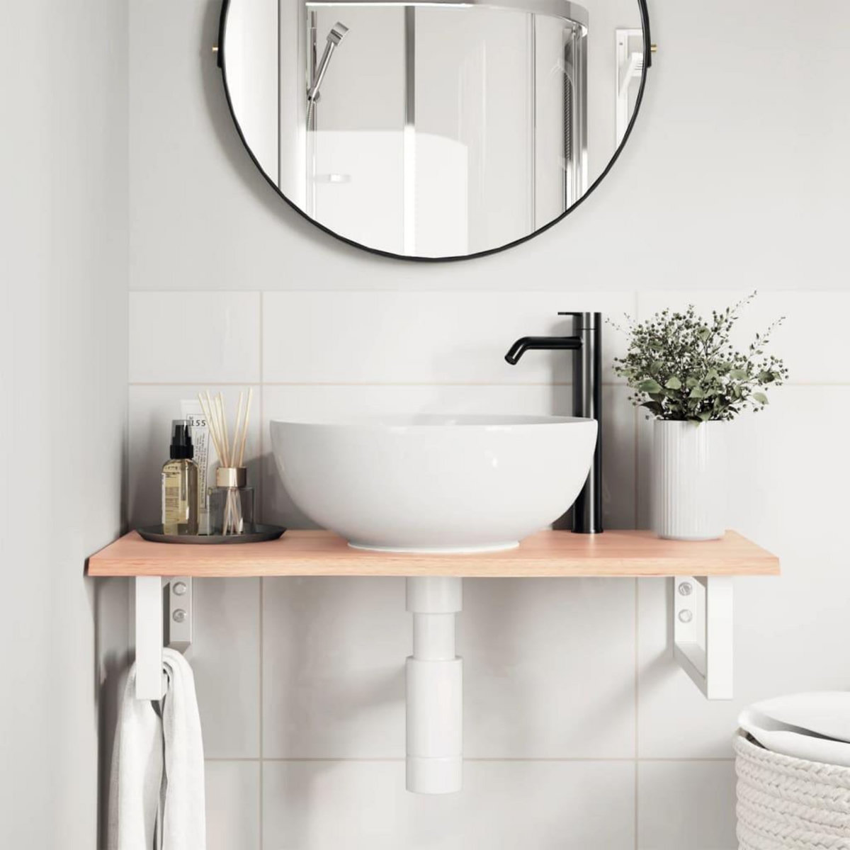 VIDAXL Etagere de vasque murale acier et bois de chene massif