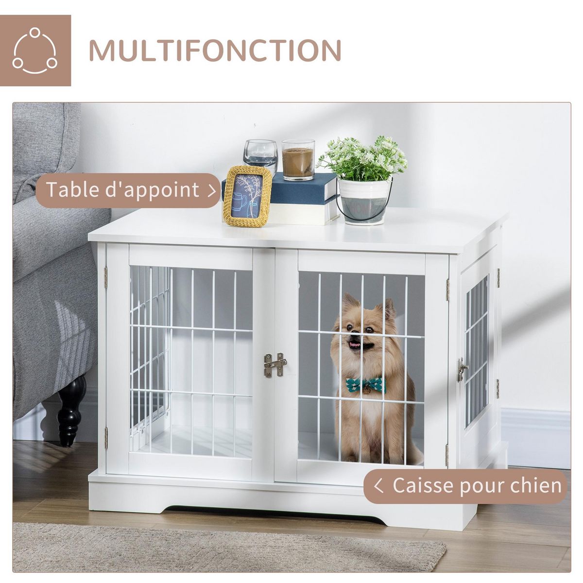 PAWHUT Cage pour chien animaux table d'appoint 2 en 1 - 2 portes verrouillables - dim. 76L x 54,5l x 56H cm - MDF acier blanc