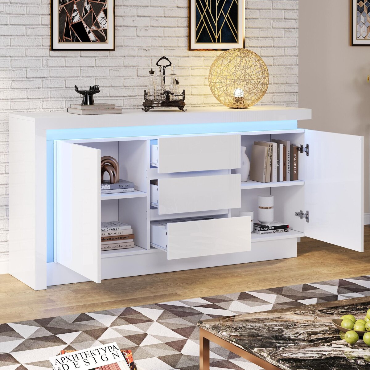 MERAX Buffet 2 porte(s) 3 tiroir(s) - 140 cm blanc led panneau de particules