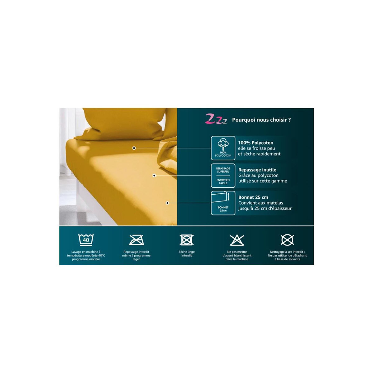 ZZZ Drap housse uni ZZZ en polycoton