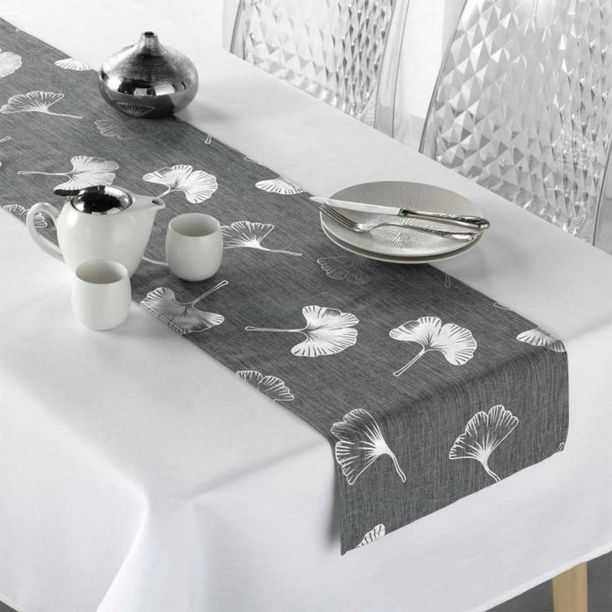 Paris Prix Nappe & Chemin de Table  Euphoria  140x250cm Gris & Argent