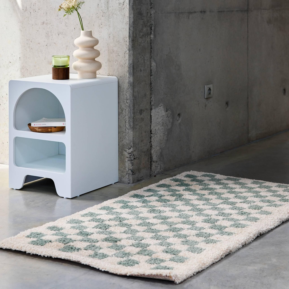 SWEEEK Tapis intérieur shaggy poils longs damier bleu clair et crème