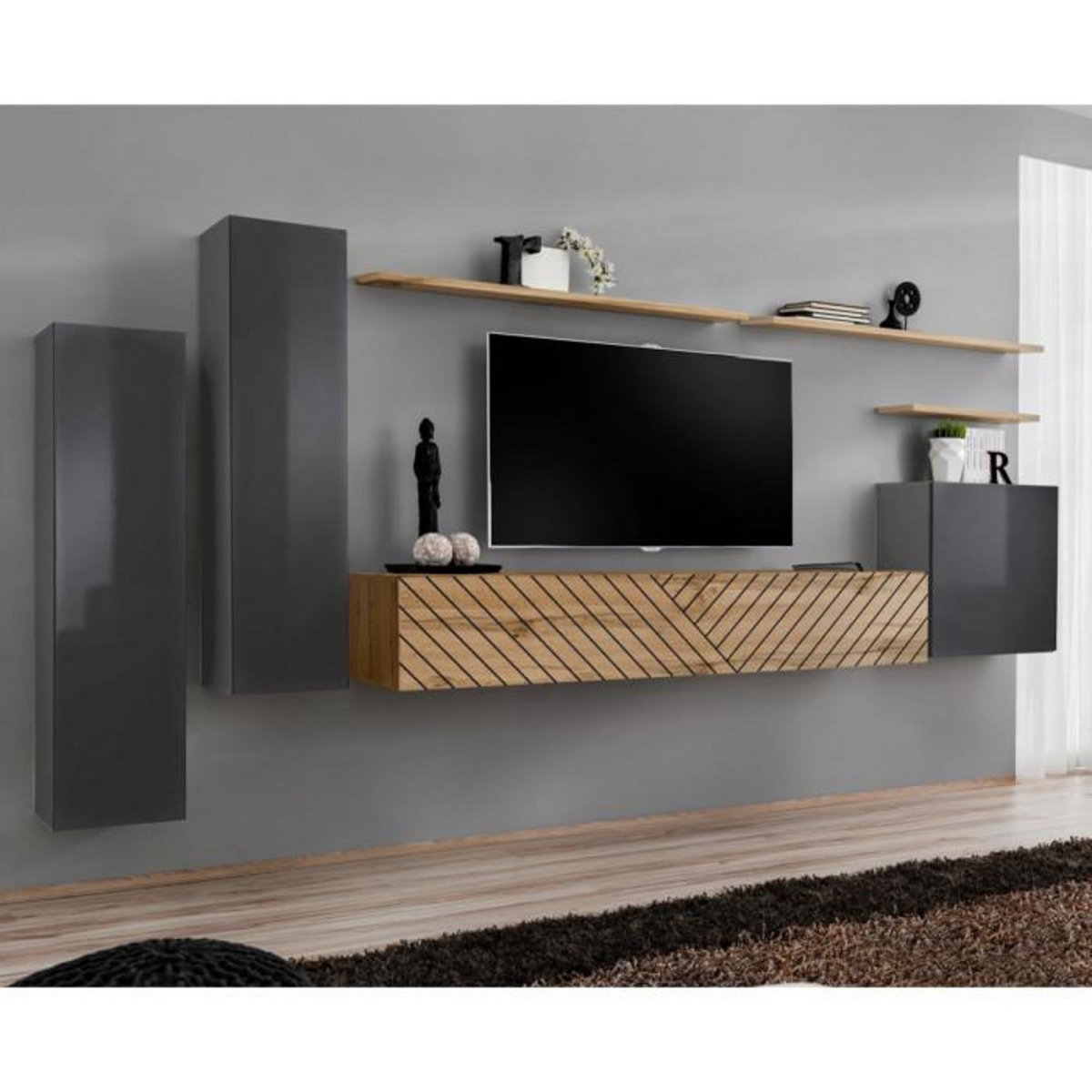 Paris Prix Ensemble Meuble TV  Switch Lamel I  330cm Naturel & Gris