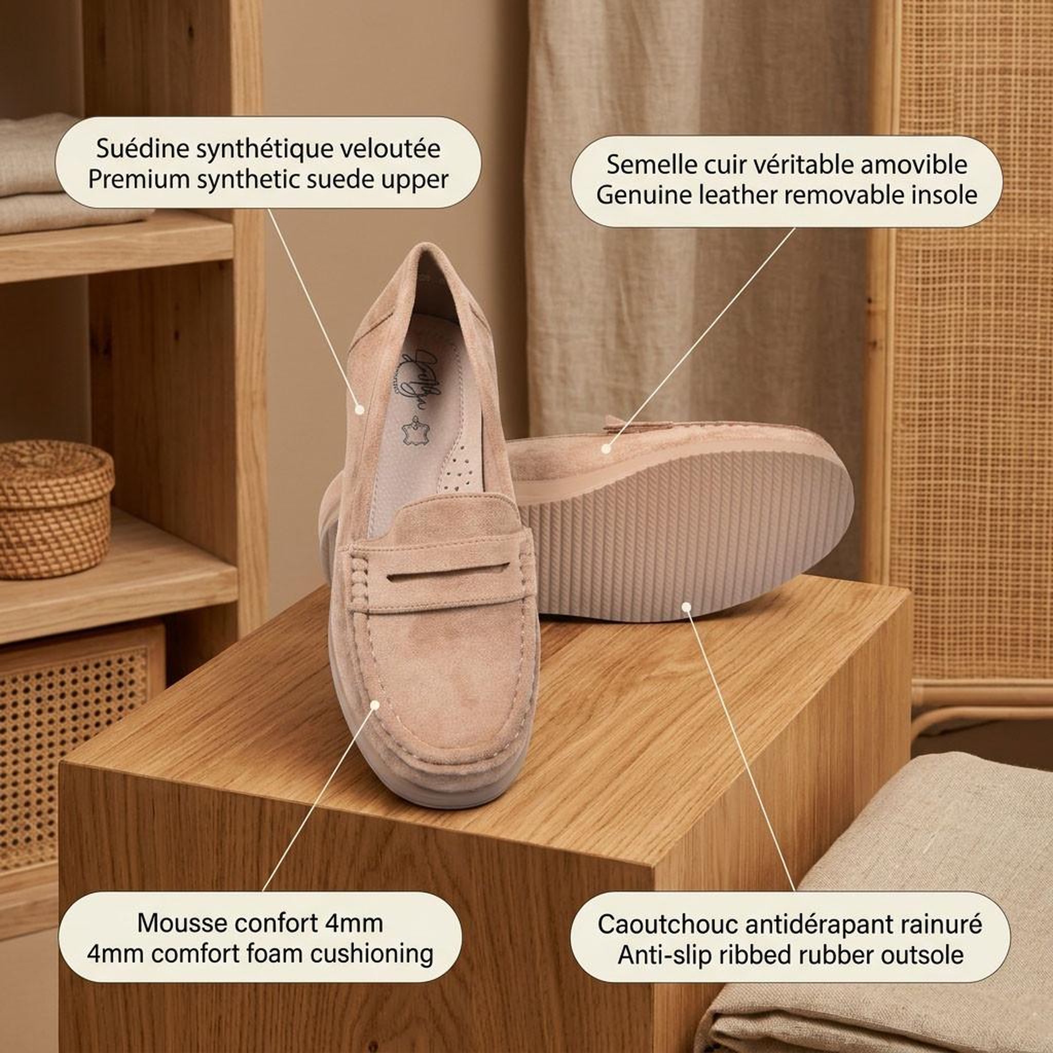 Voir la diapositive 4 : OZABI OZABI Mocassins Femme Penny Loafer Daim Confort