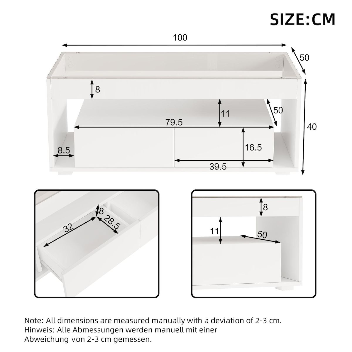MERAX Table basse rectangulaire blanc avec 2 tiroirs - 50x100 cm led panneau de particules