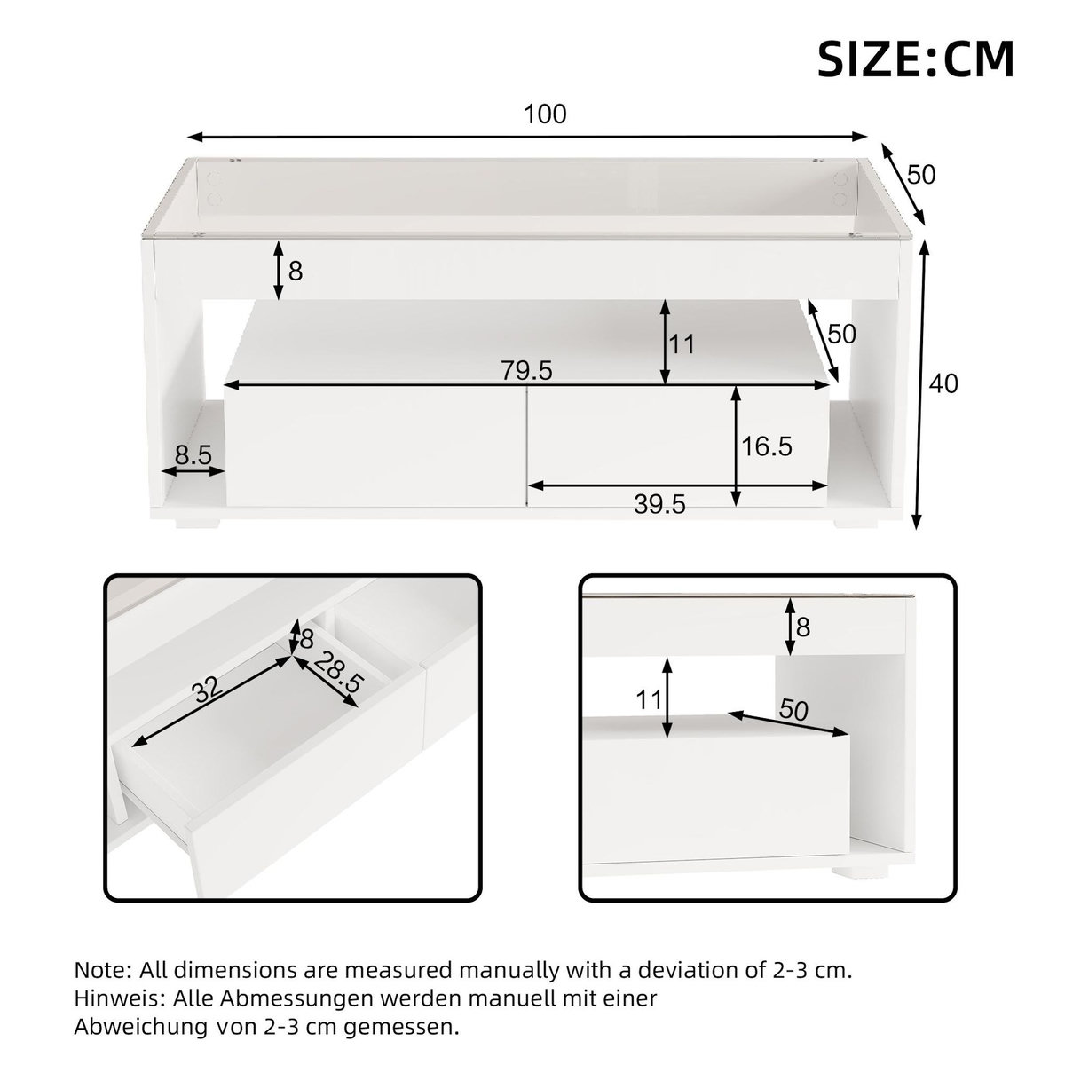 MERAX Table basse rectangulaire blanc avec 2 tiroirs - 50x100 cm led panneau de particules