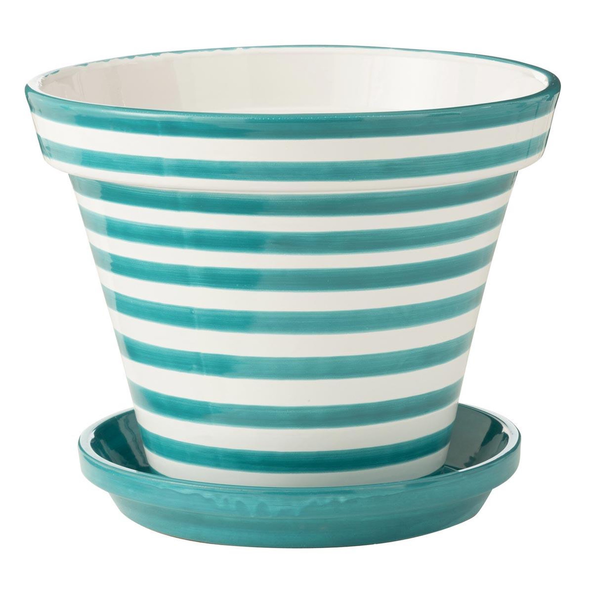 J-LINE Pot avec soucoupe en céramique  granada rayure  50cm bleu aqua