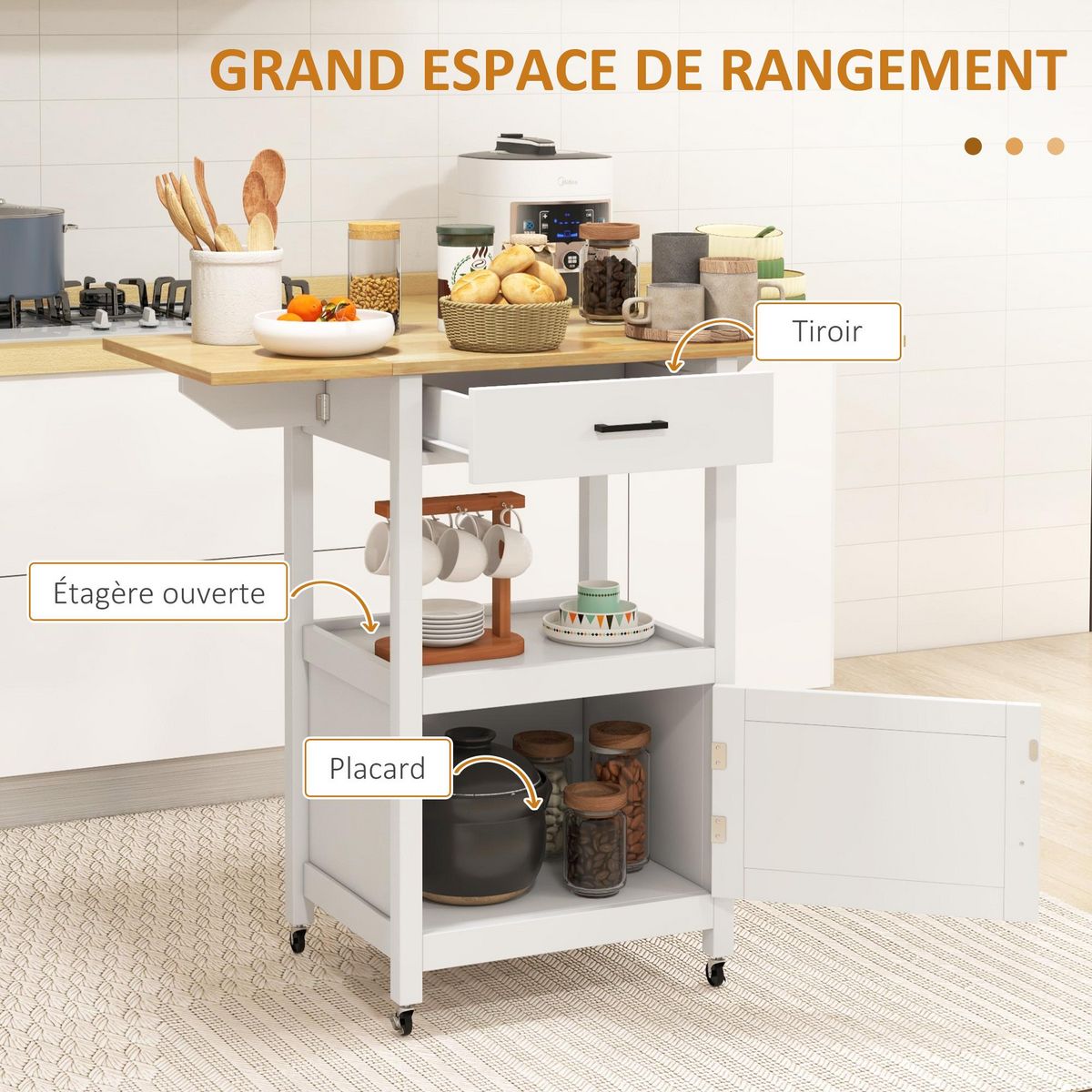 HOMCOM Desserte de cuisine extensible sur roulettes - porte, niche, tiroir - rallonges bois hévéa verni MDF blanc