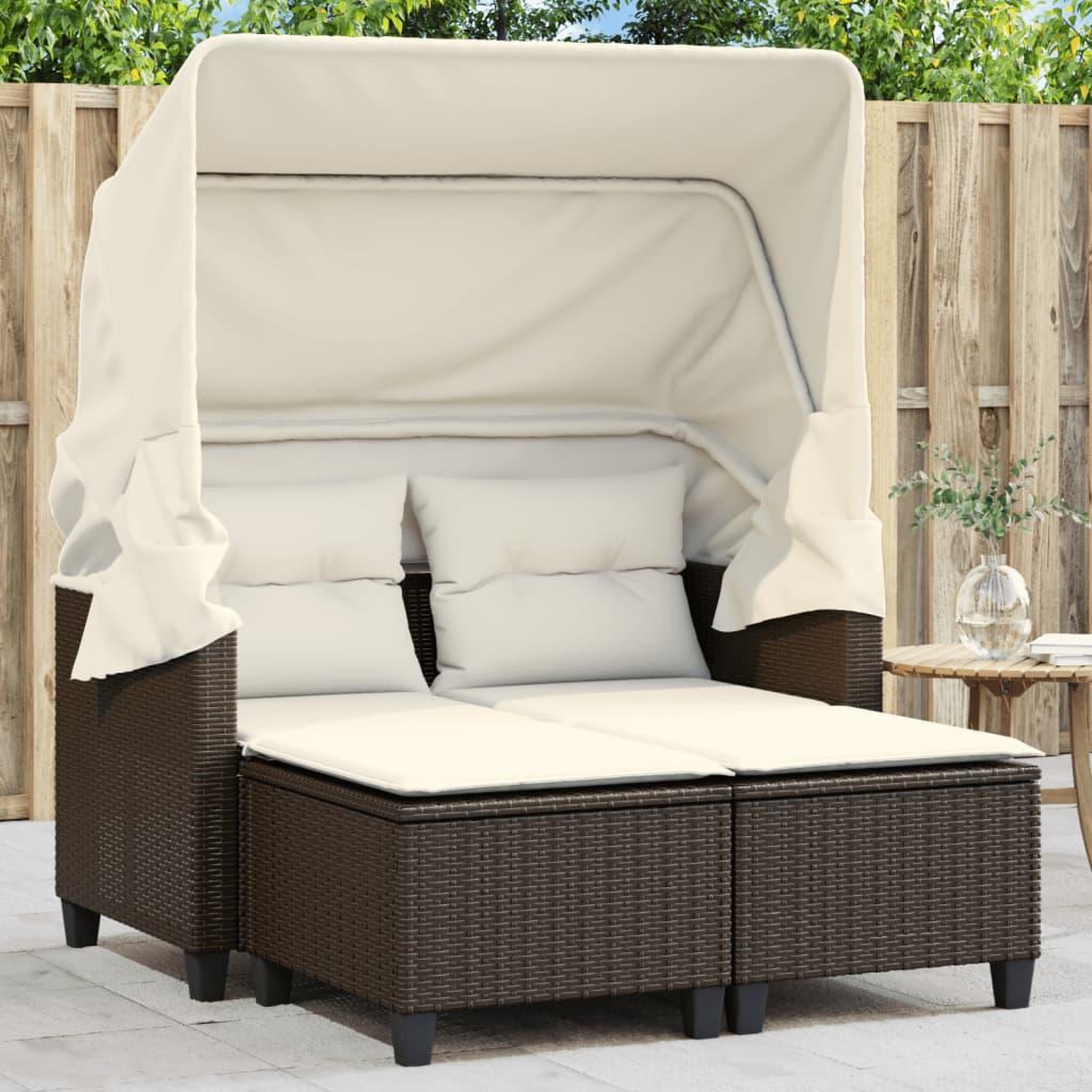 VIDAXL Canape de jardin 2 places avec auvent et tabourets marron rotin