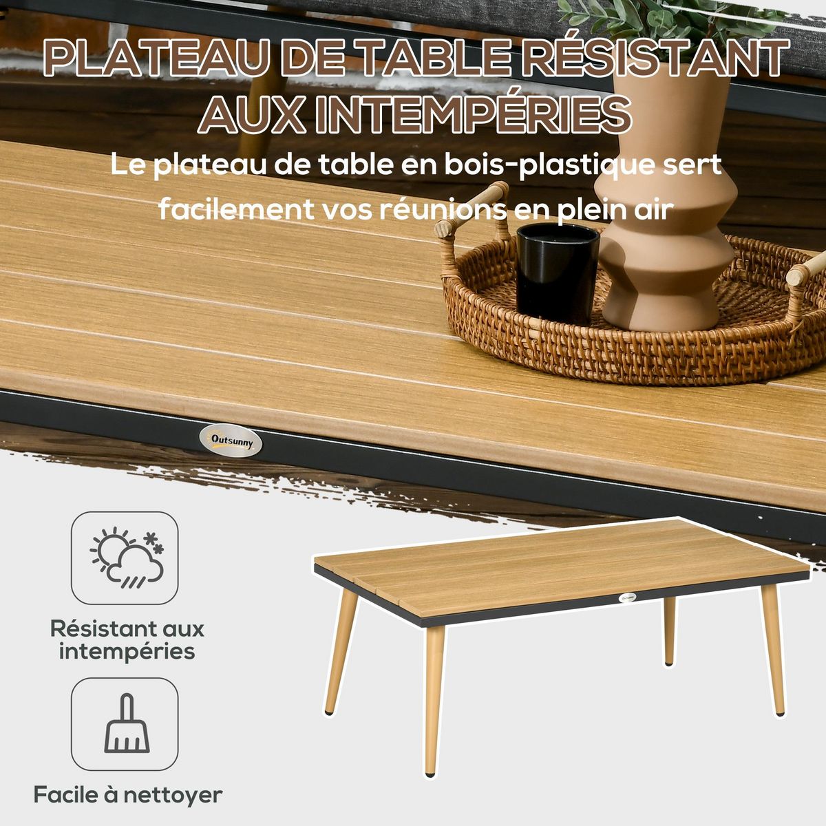 OUTSUNNY Salon de jardin 4 places 4 pièces design scandinave acier époxy résine filaire PE coussins inclus gris