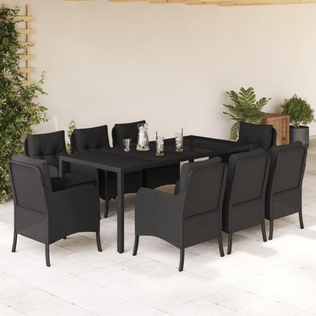 VIDAXL Ensemble a manger de jardin 9pcs coussins noir resine tressee