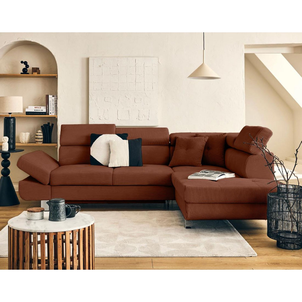 BEST MOBILIER Lisbona - canapé d'angle droit 5 places convertible avec têtières en velours côtelé