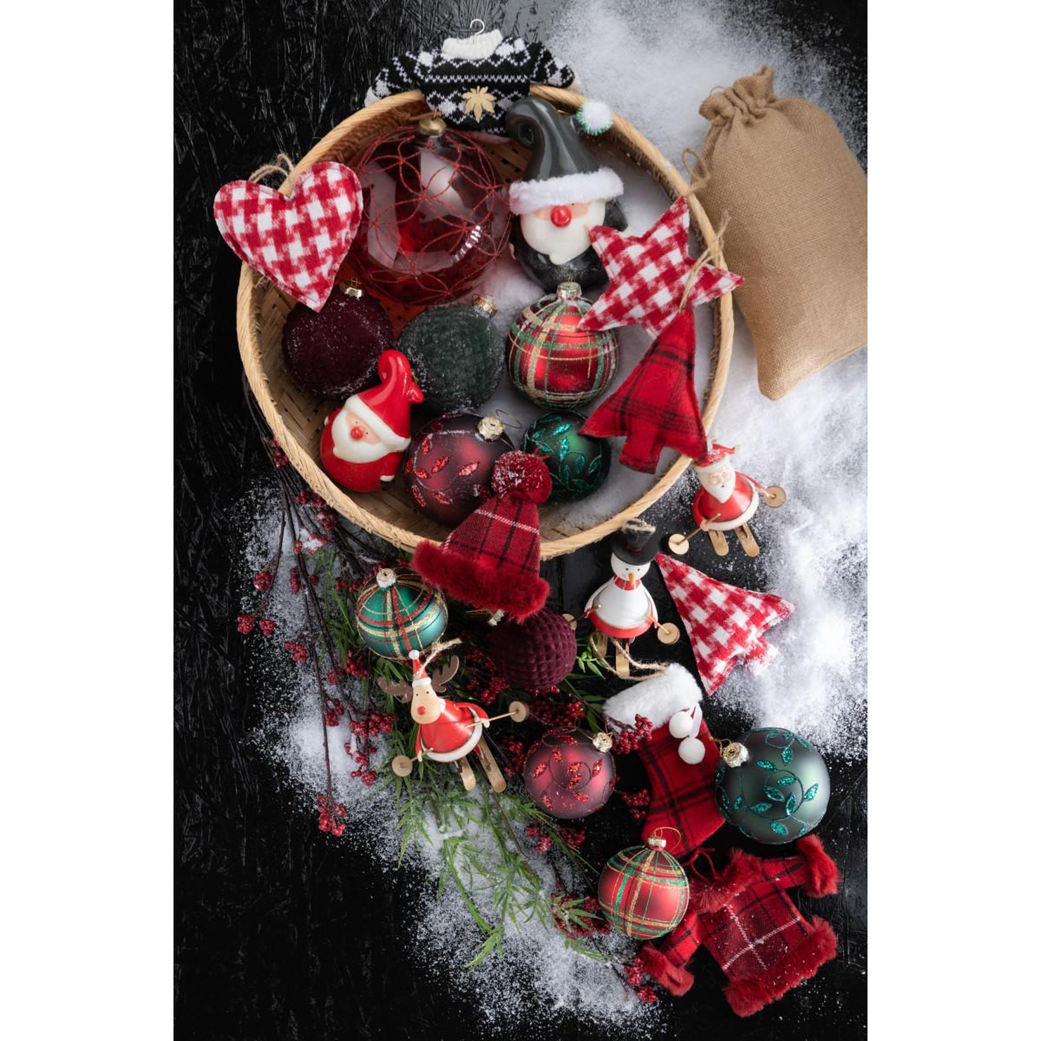 Voir la diapositive 2 : J-LINE Lot de 6 boules de noël  quadrillé  8cm vert & rouge
