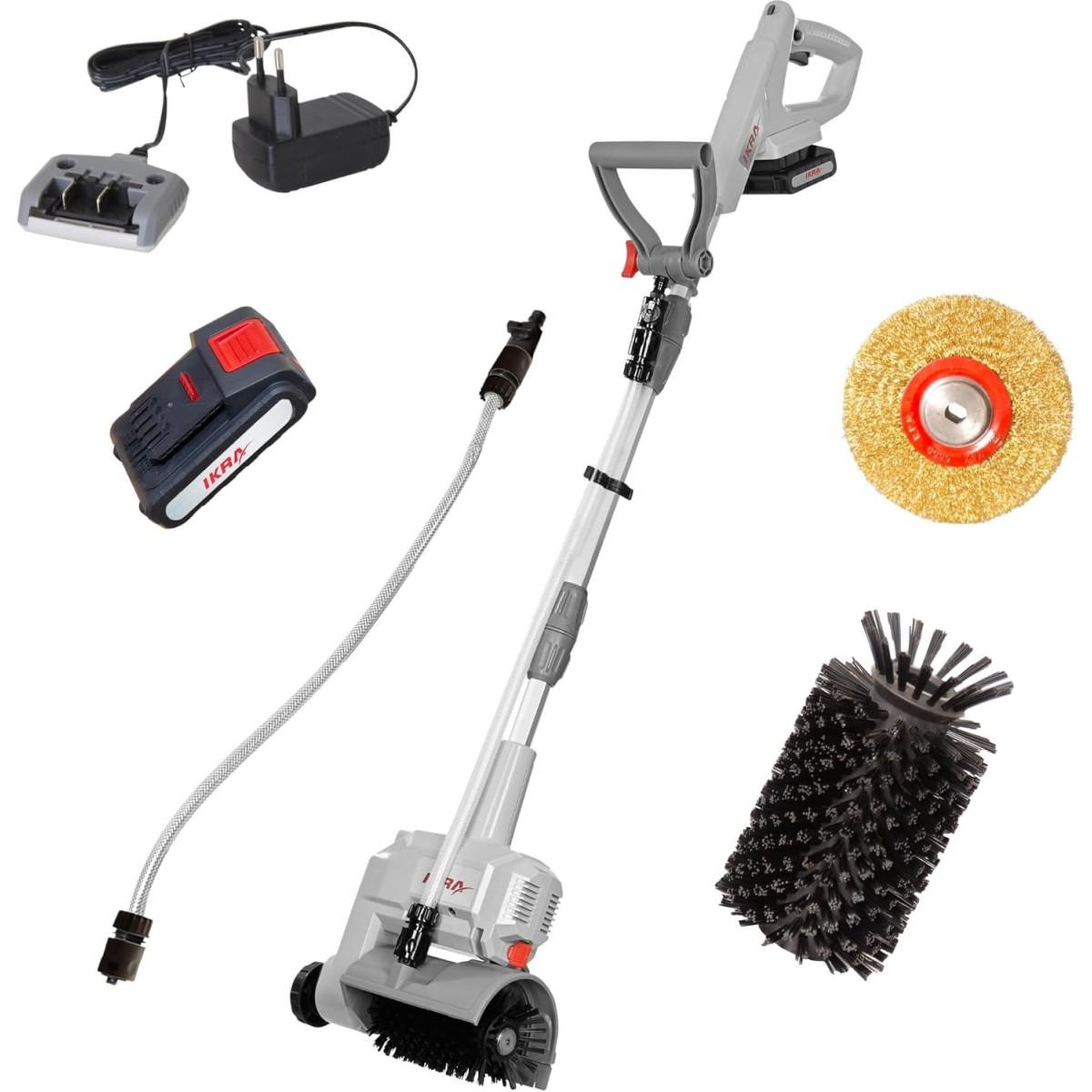 Ikra Nettoyeur de Terrasse sans fil Batterie 20V 2.0Ah Double brosses rotatives + Batterie & Chargeur Raccord tuyau d'eau IKRA