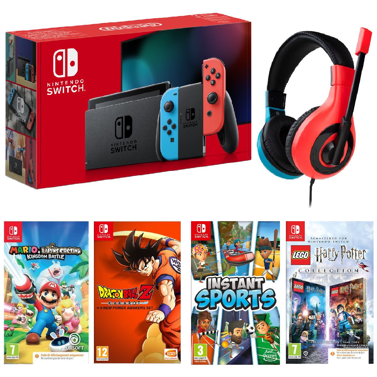 NINTENDO Console Nintendo Switch Joy-Con Bleu et Rouge + Mario The Lapin Crétins Kingdom Battle + Dragon Ball Z Kakarot + Instant Sports + LEGO Harry Potter Collection - Années 1 à 7 + Casque Gamer Filaire V1 Rouge et Bleu