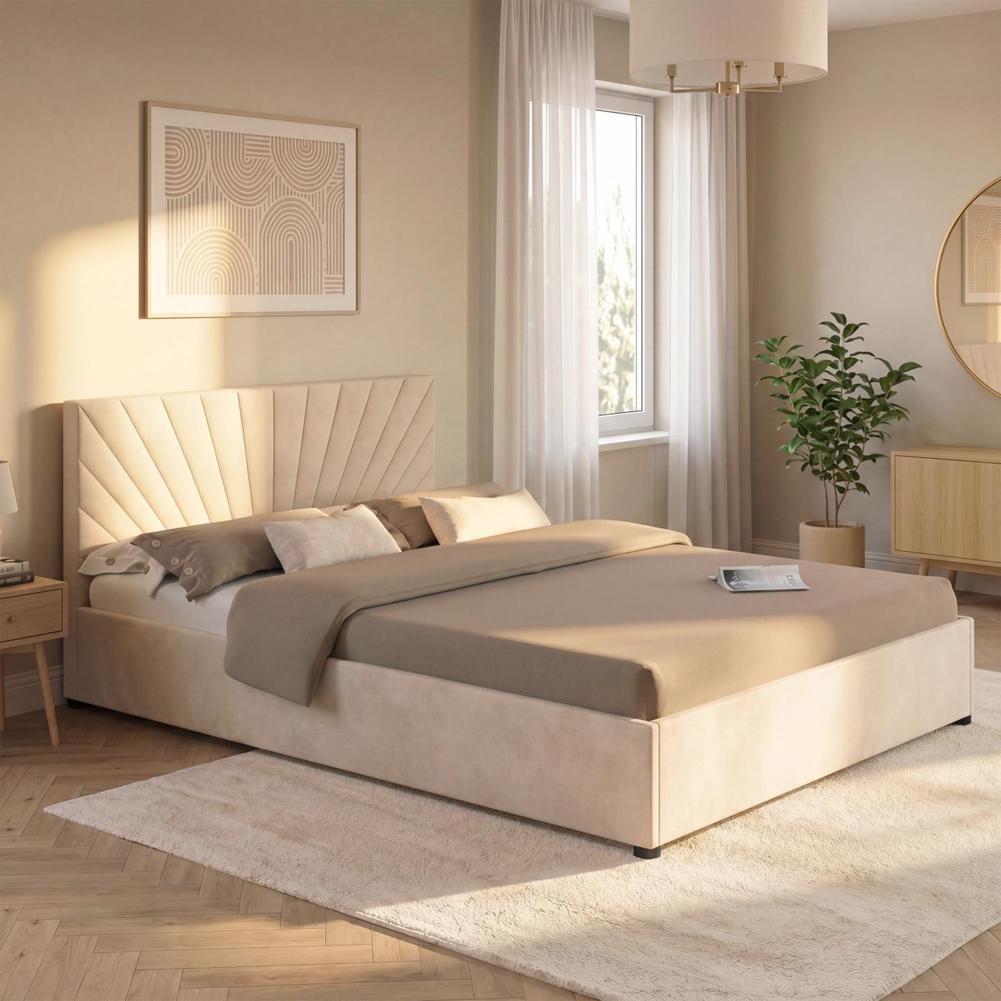 Voir la diapositive 4 : ID MARKET Lit coffre double sunlight avec tête de lit matelassée et sommier 140 x 190 cm velours beige