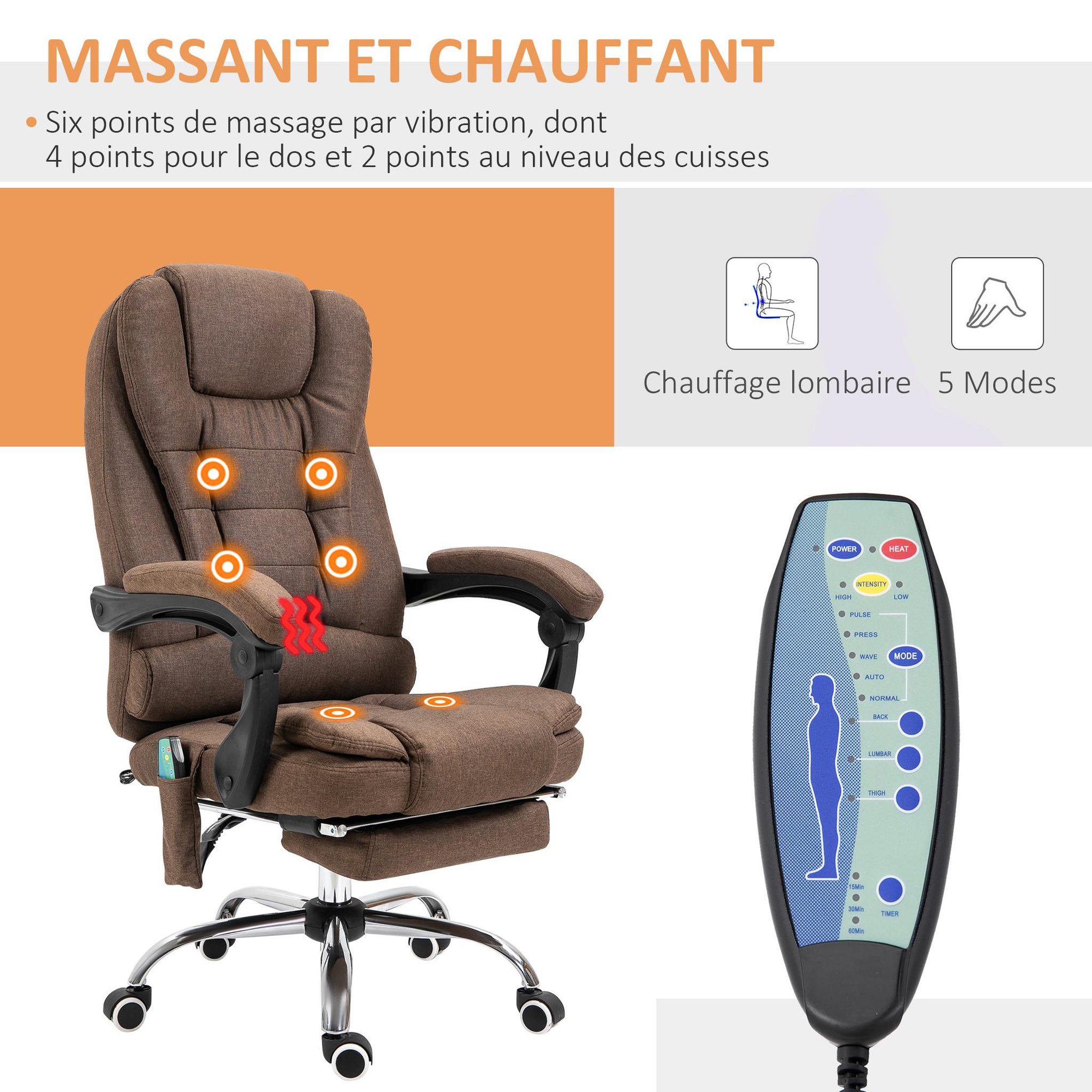 Voir la diapositive 4 : VINSETTO Fauteuil de bureau direction massant chauffant hauteur réglable dossier inclinable tissu aspect lin marron