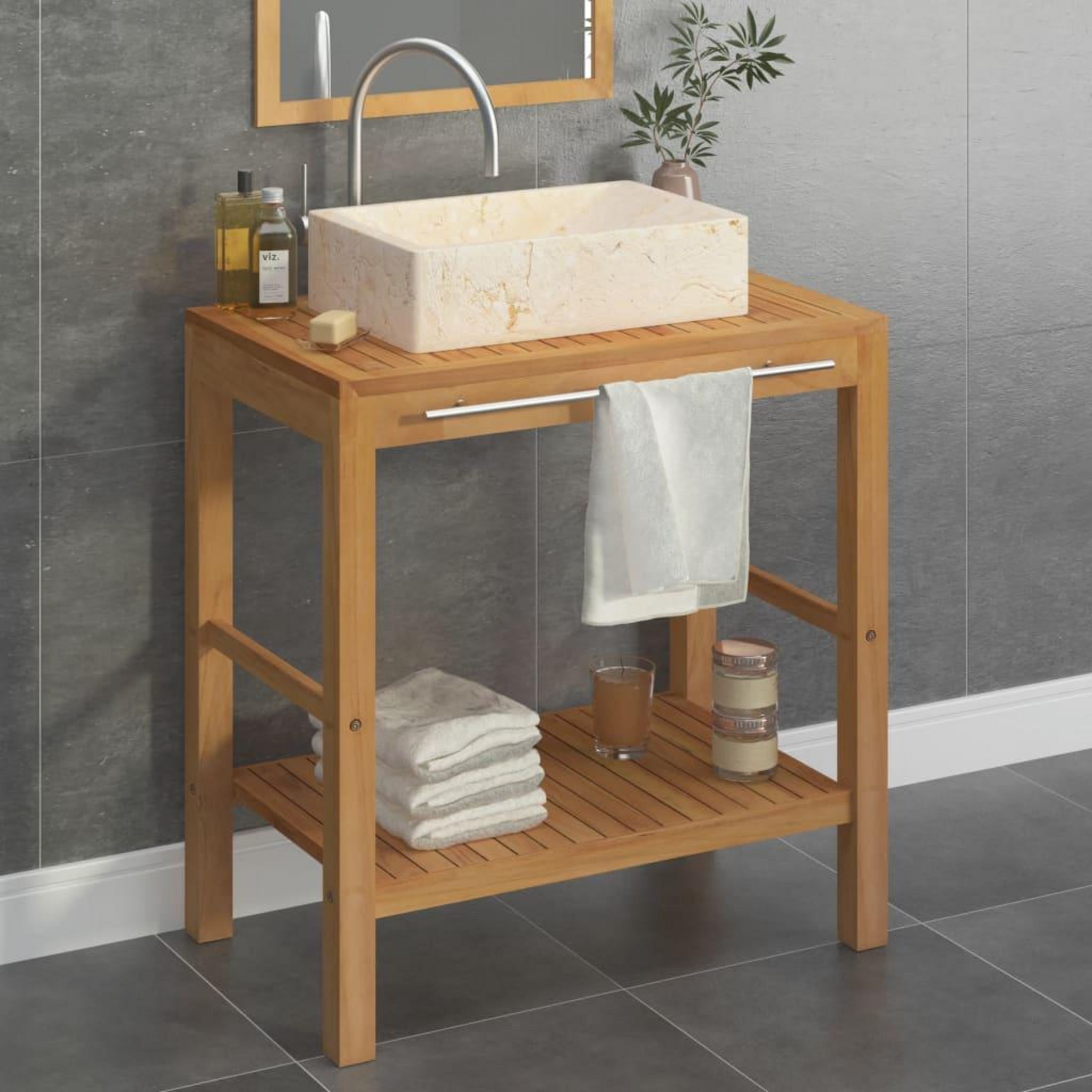 VIDAXL Armoire de toilette en teck solide avec lavabo en marbre Creme
