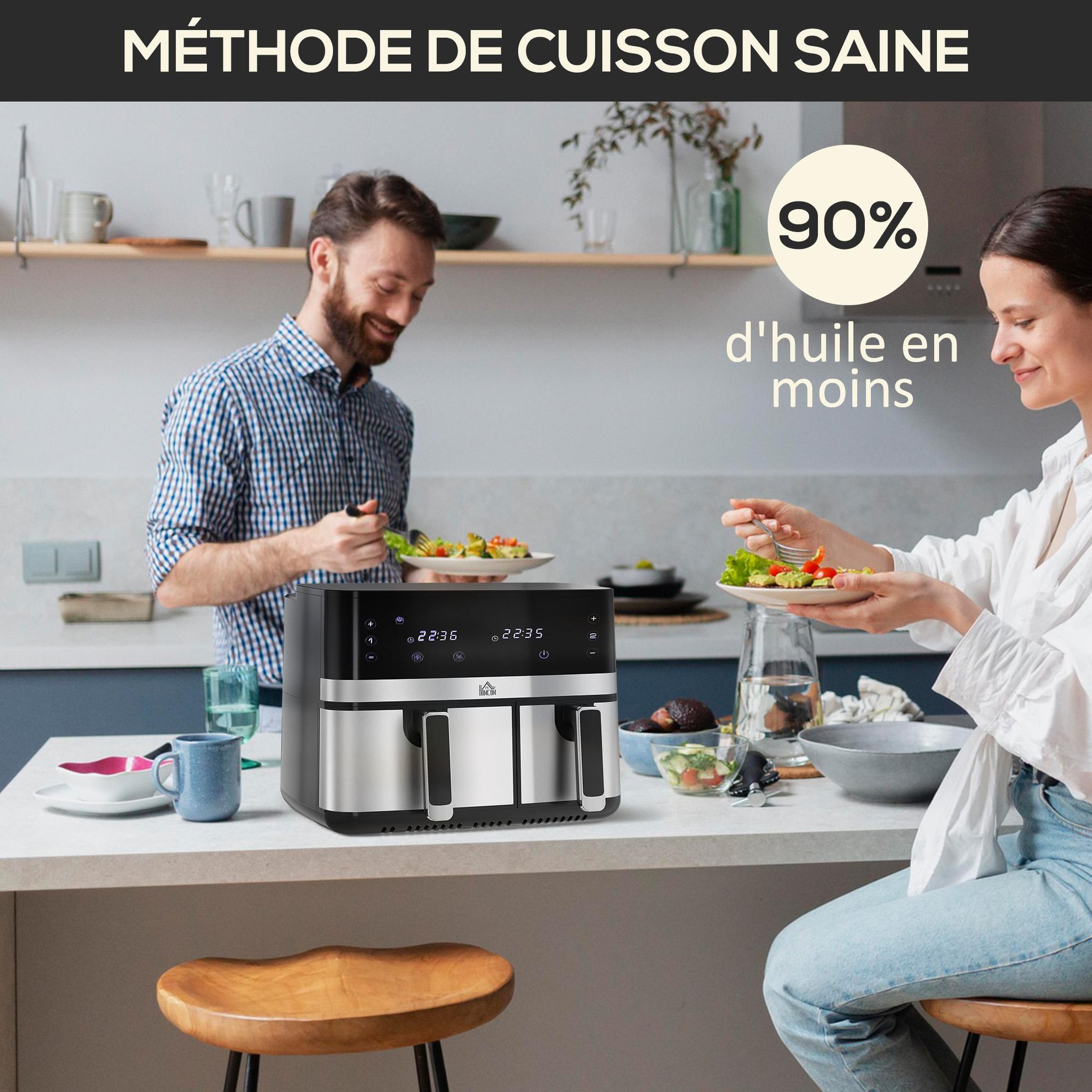 Voir la diapositive 6 : HOMCOM Friteuse à air 2700W - air fryer - double compartiment 8,5L - 8 programmes, température réglable, timer, 2 paniers - noir