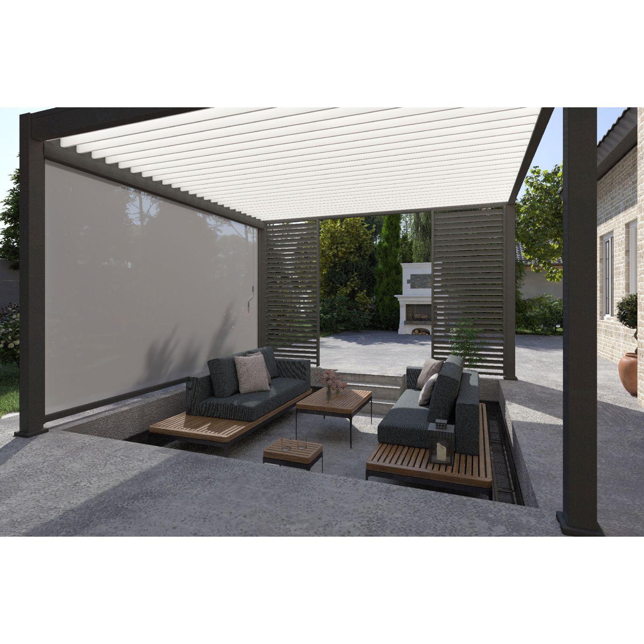 Voir la diapositive 4 : Pergola Bioclimatique autoportée 4x4 m - Aluminium - Anthracite/blanc - VS OmBREA®