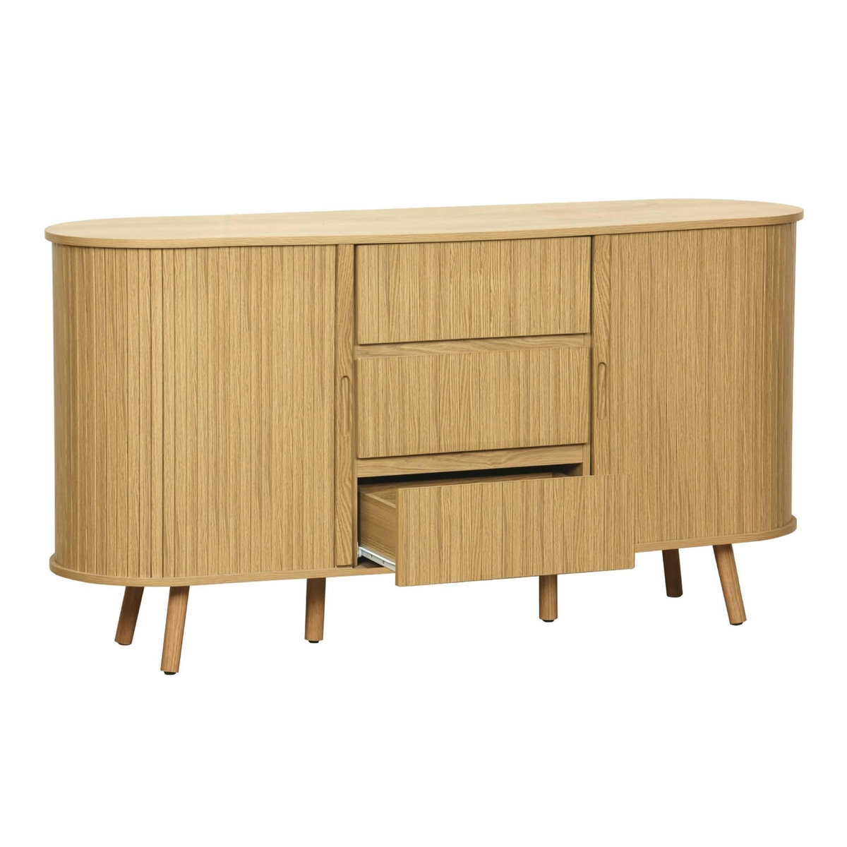 SWEEEK Buffet scandinave ovale 2 portes coulissantes. 4 compartiments. 3 tiroirs. effet bois rainuré. teinte naturelle. L 150 x P 40 x H 79cm