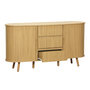 Voir la diapositive 6 : SWEEEK Buffet scandinave ovale 2 portes coulissantes. 4 compartiments. 3 tiroirs. effet bois rainuré. teinte naturelle. L 150 x P 40 x H 79cm