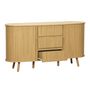 Voir la diapositive 6 : SWEEEK Buffet scandinave ovale 2 portes coulissantes. 4 compartiments. 3 tiroirs. effet bois rainuré. teinte naturelle. L 150 x P 40 x H 79cm