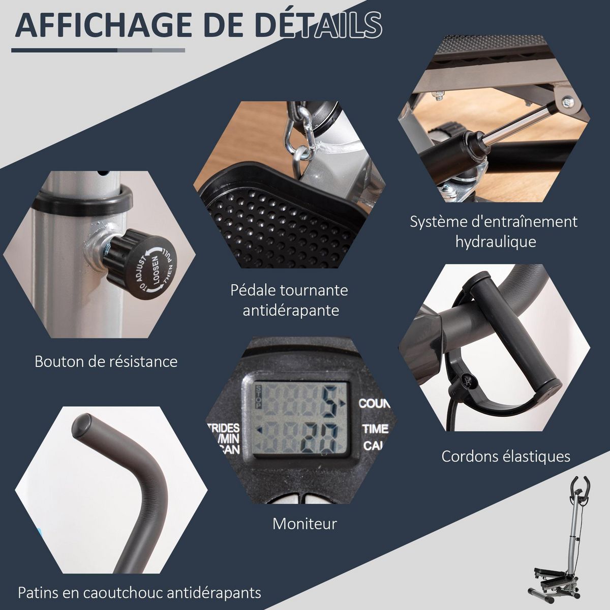 HOMCOM Stepper fitness avec guidon ergonomique réglable et écran LCD - bandes de résistance - gris noir