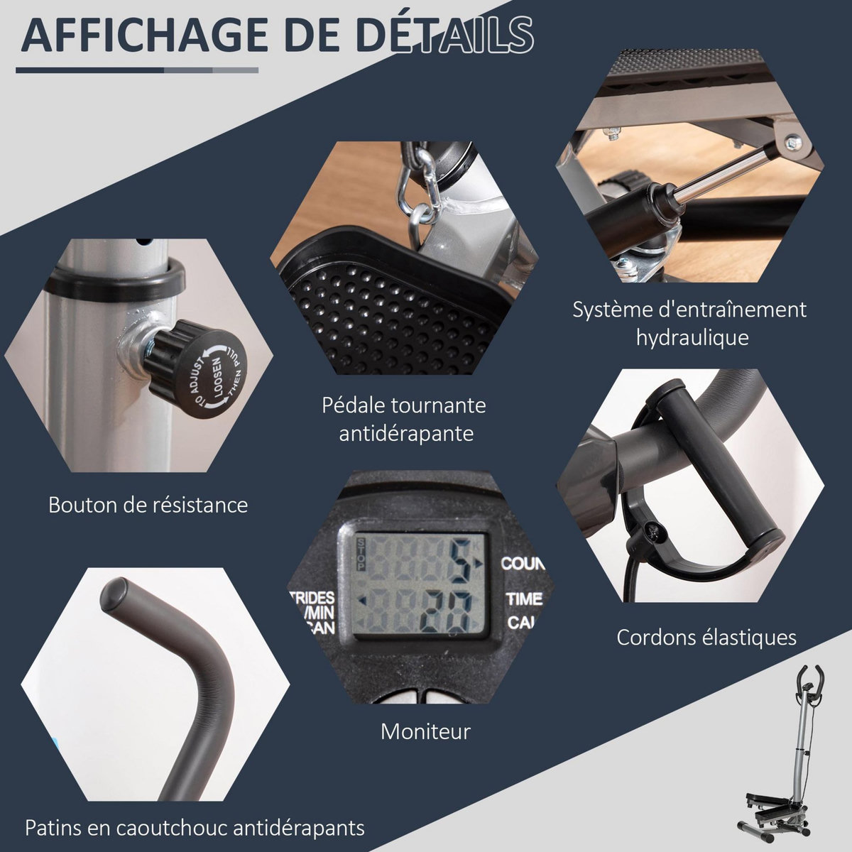 HOMCOM Stepper fitness avec guidon ergonomique réglable et écran LCD - bandes de résistance - gris noir