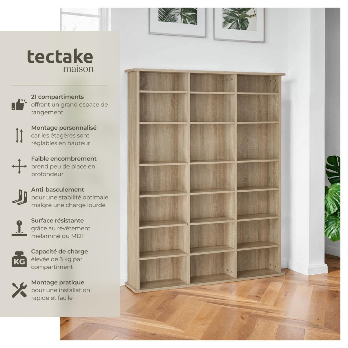tectake Étagère DVD CD aspect bois Bois clair, Chêne Sonoma