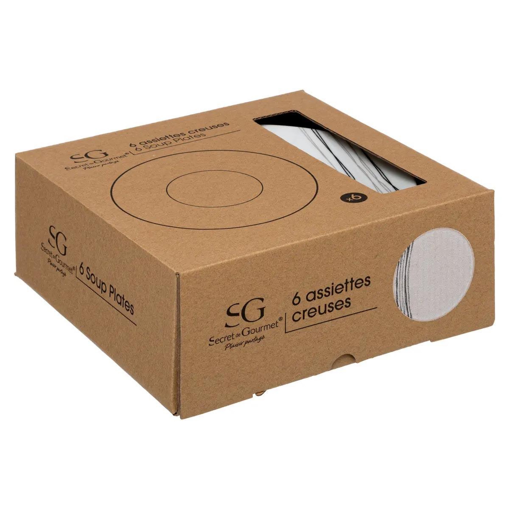 Voir la diapositive 3 : SECRET DE GOURMET Lot de 6 assiettes creuse  lignes  20cm blanc