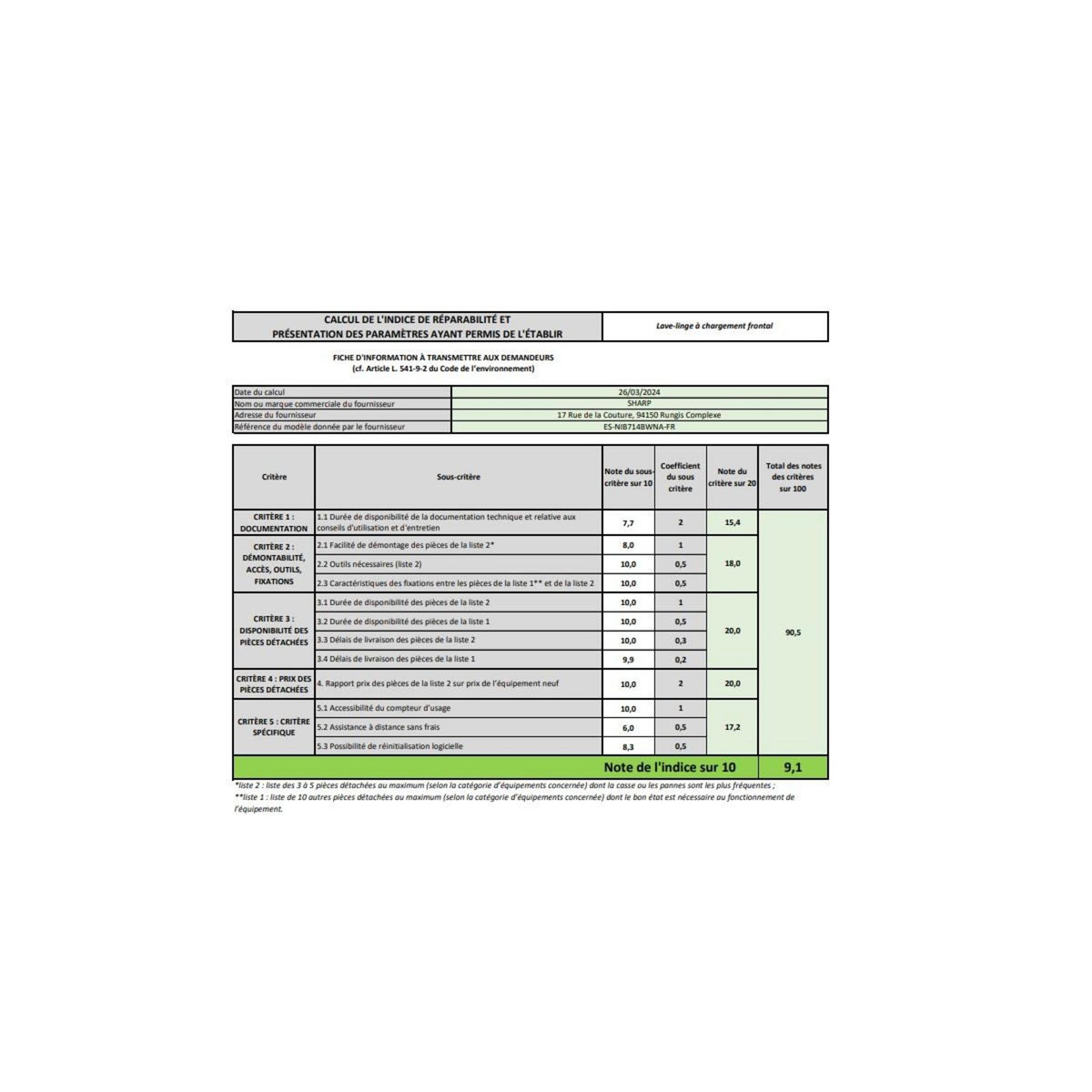 Sharp Lave-linge intégrable 7kg 1400 tours/min - ES-NIB714BWNA